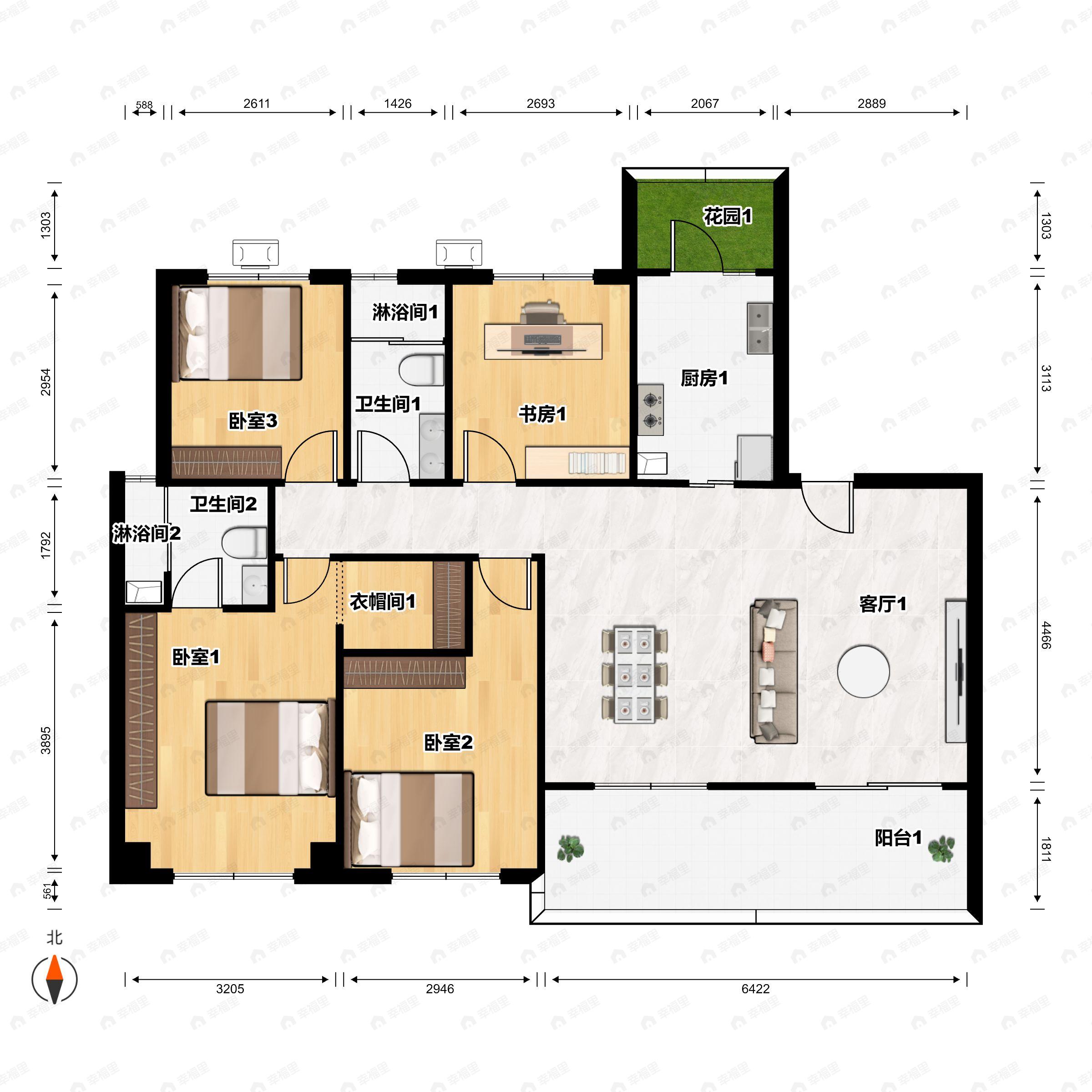 4室2厅2卫建面136平南户型图