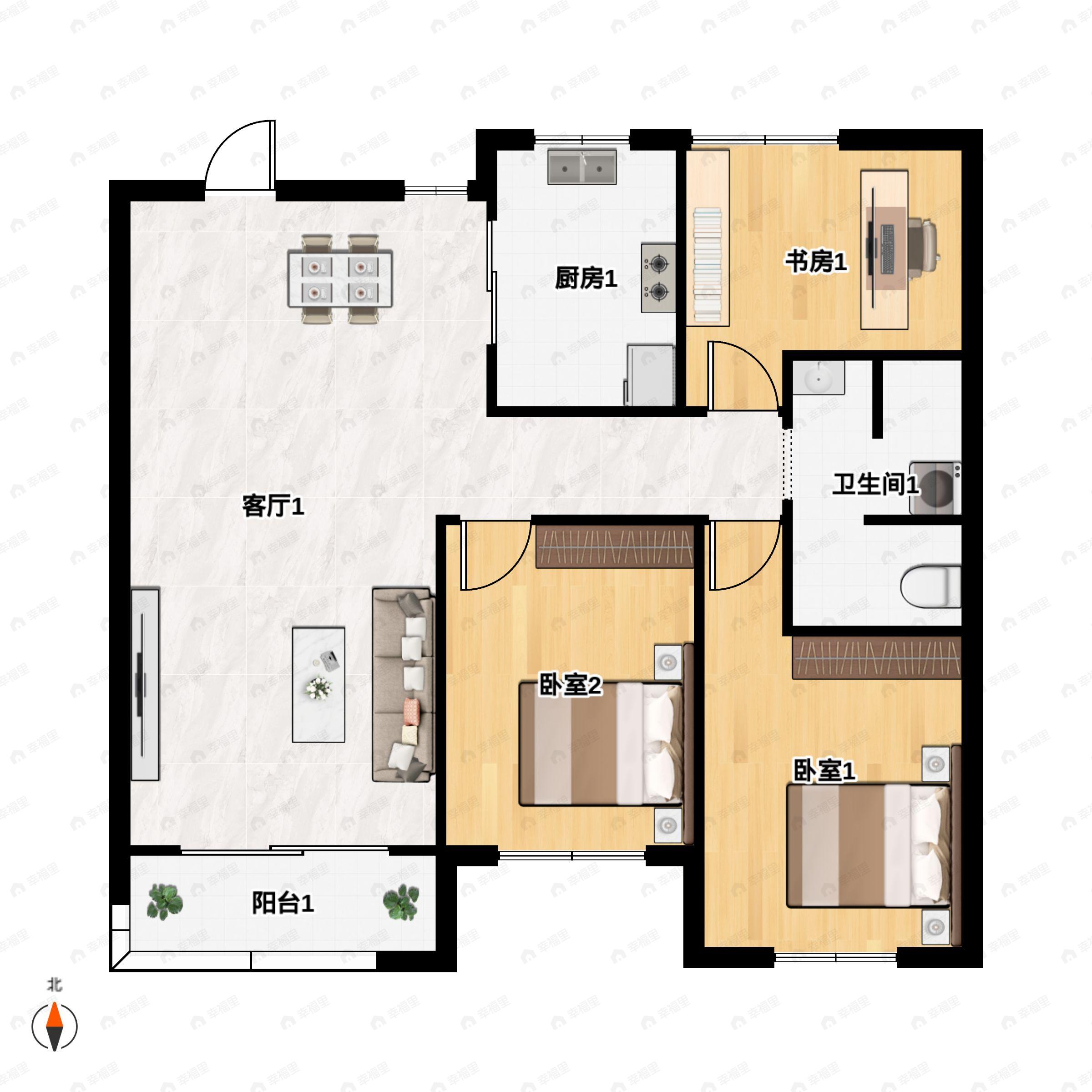 3室2厅2卫建面114m²南户型图