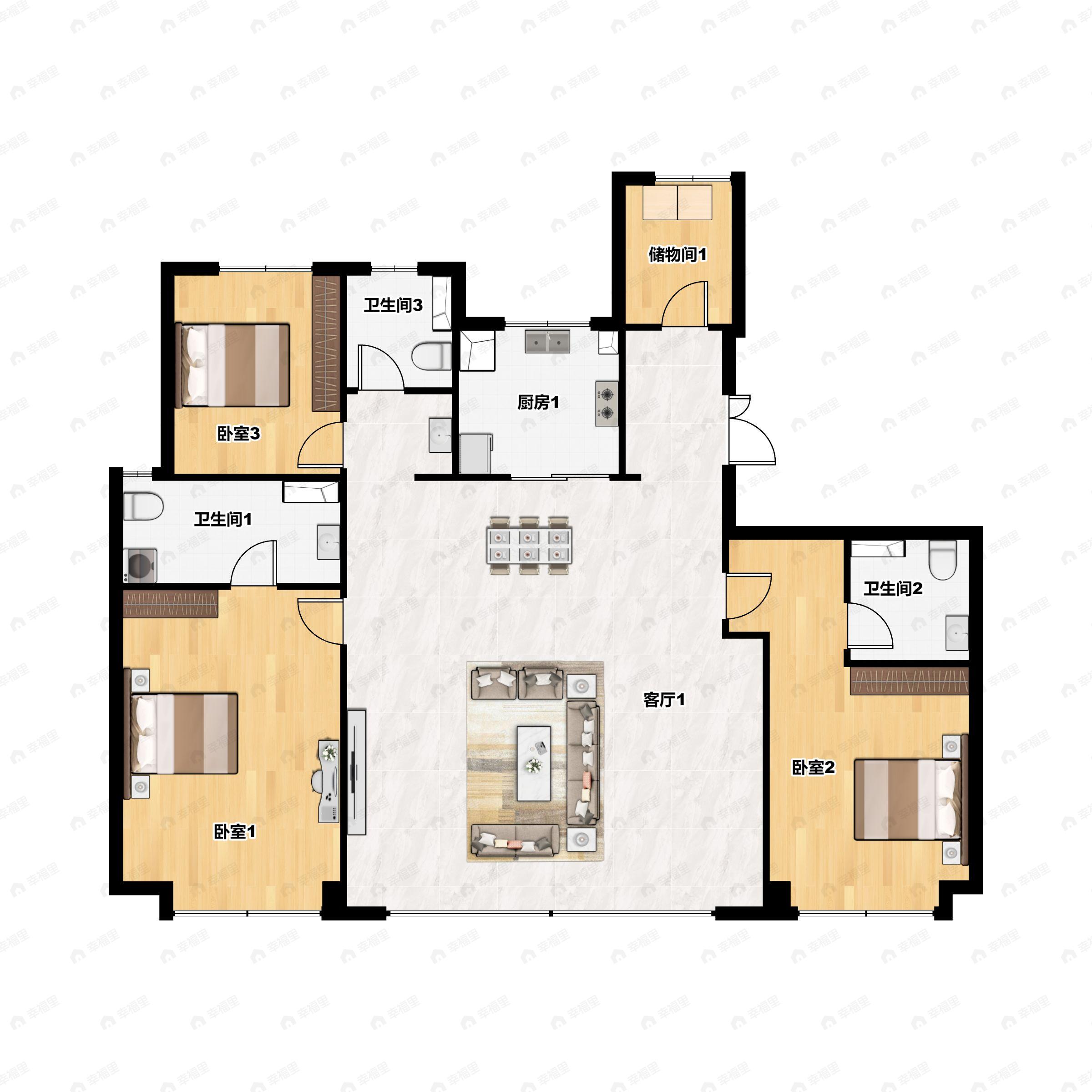 3室2厅3卫建面143m²北|南户型图