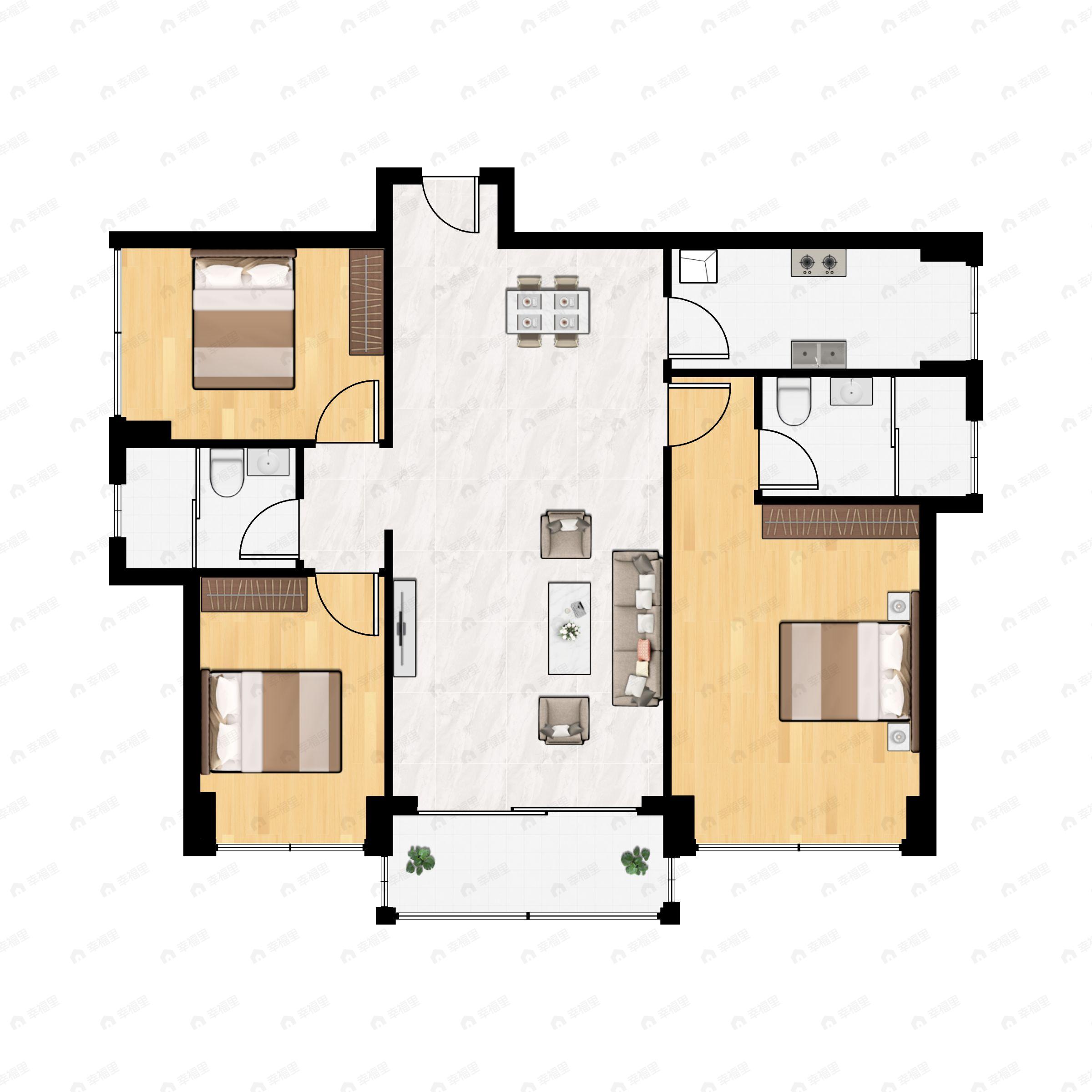 3室2厅2卫建面106平南户型图