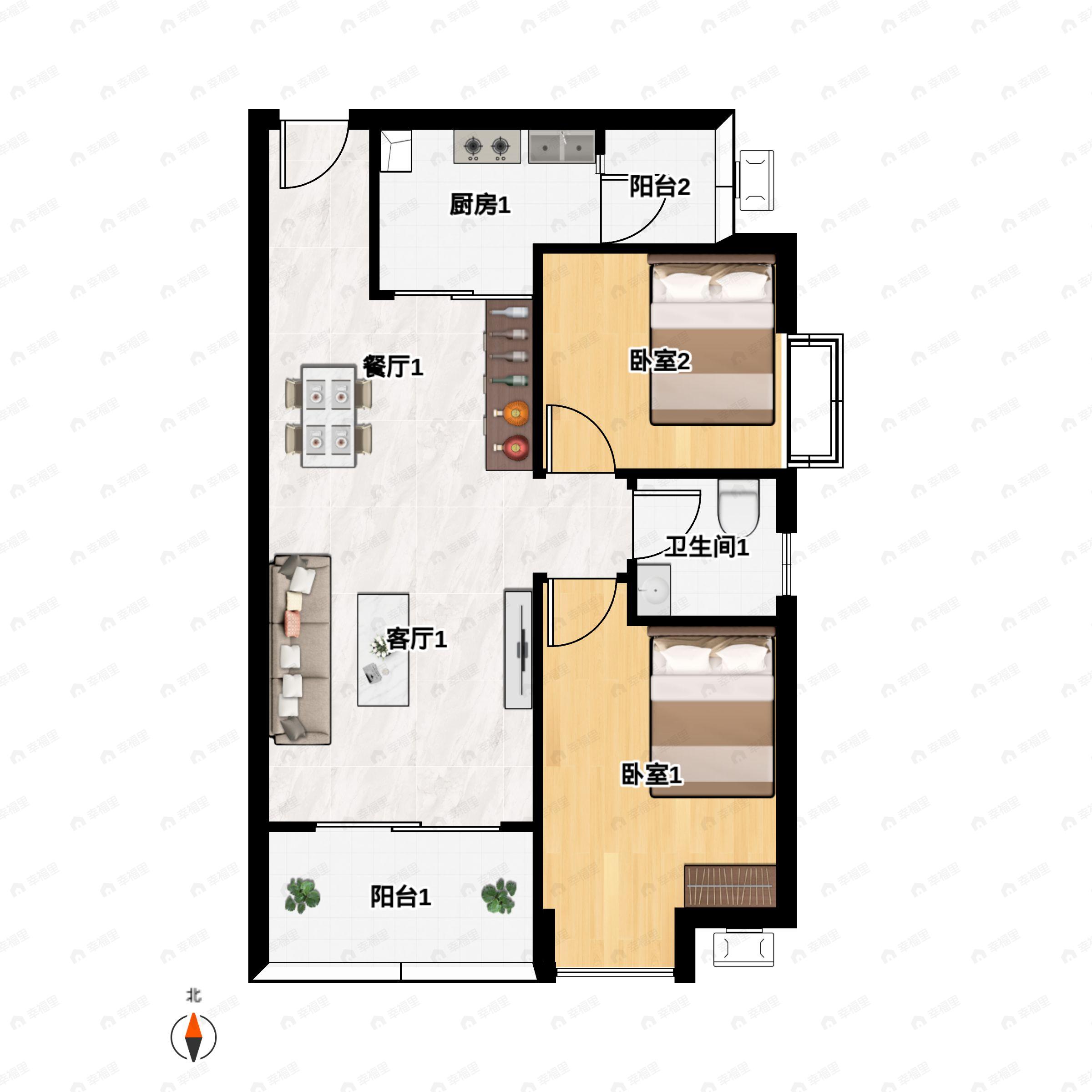 2室2厅1卫建面78m²南户型图