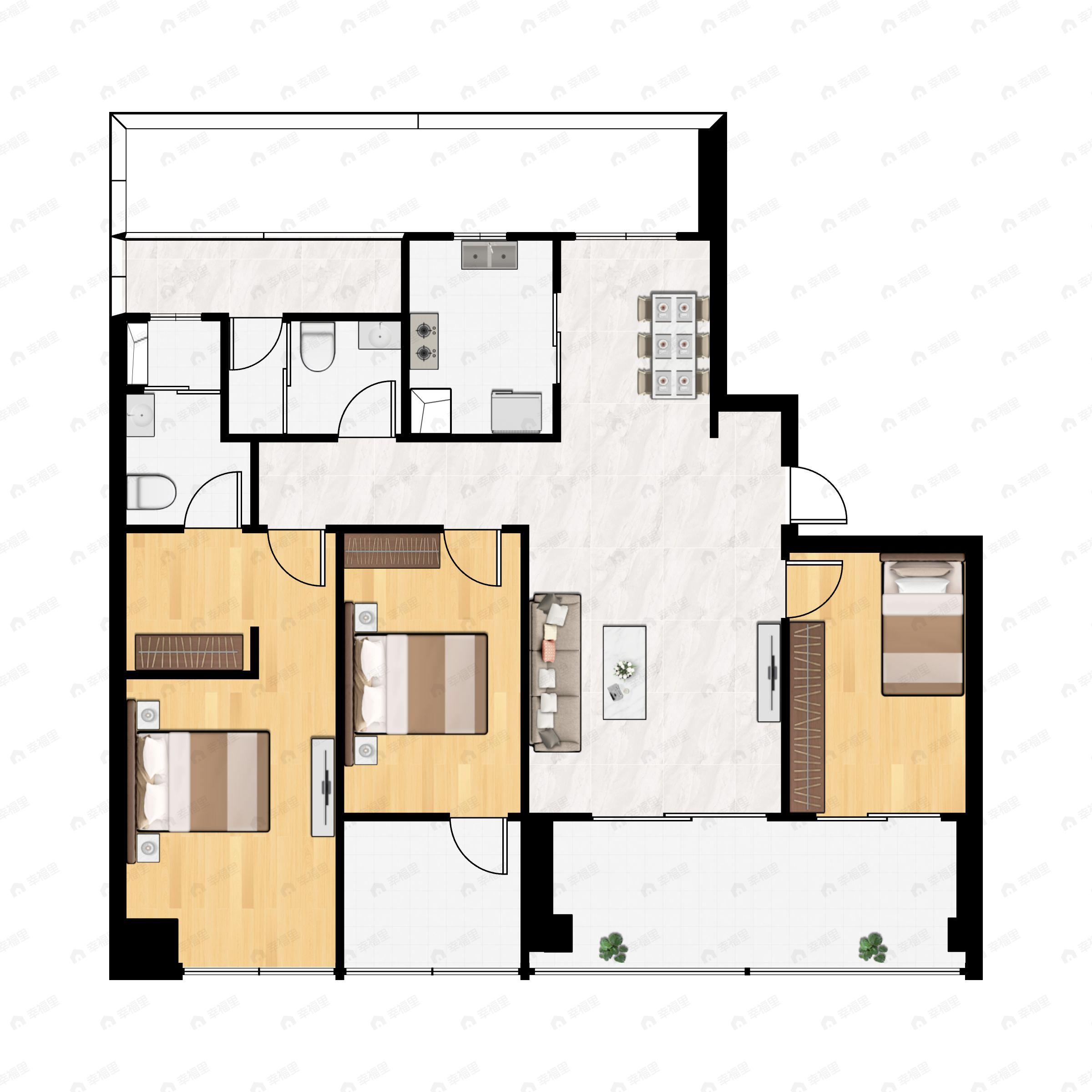 3室2厅2卫建面126m²南户型图