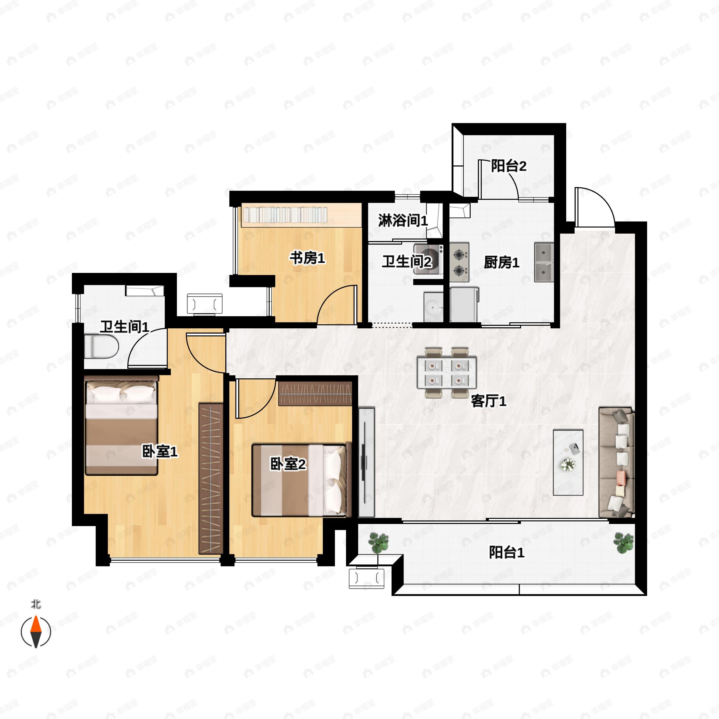 3室2厅2卫建面99m²南户型图