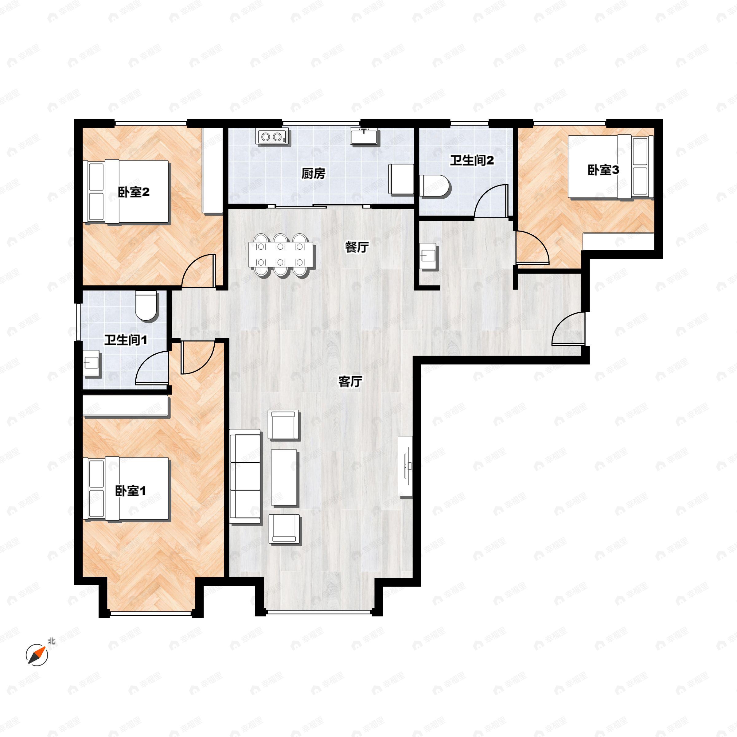 3室2厅2卫建面99平北|南户型图