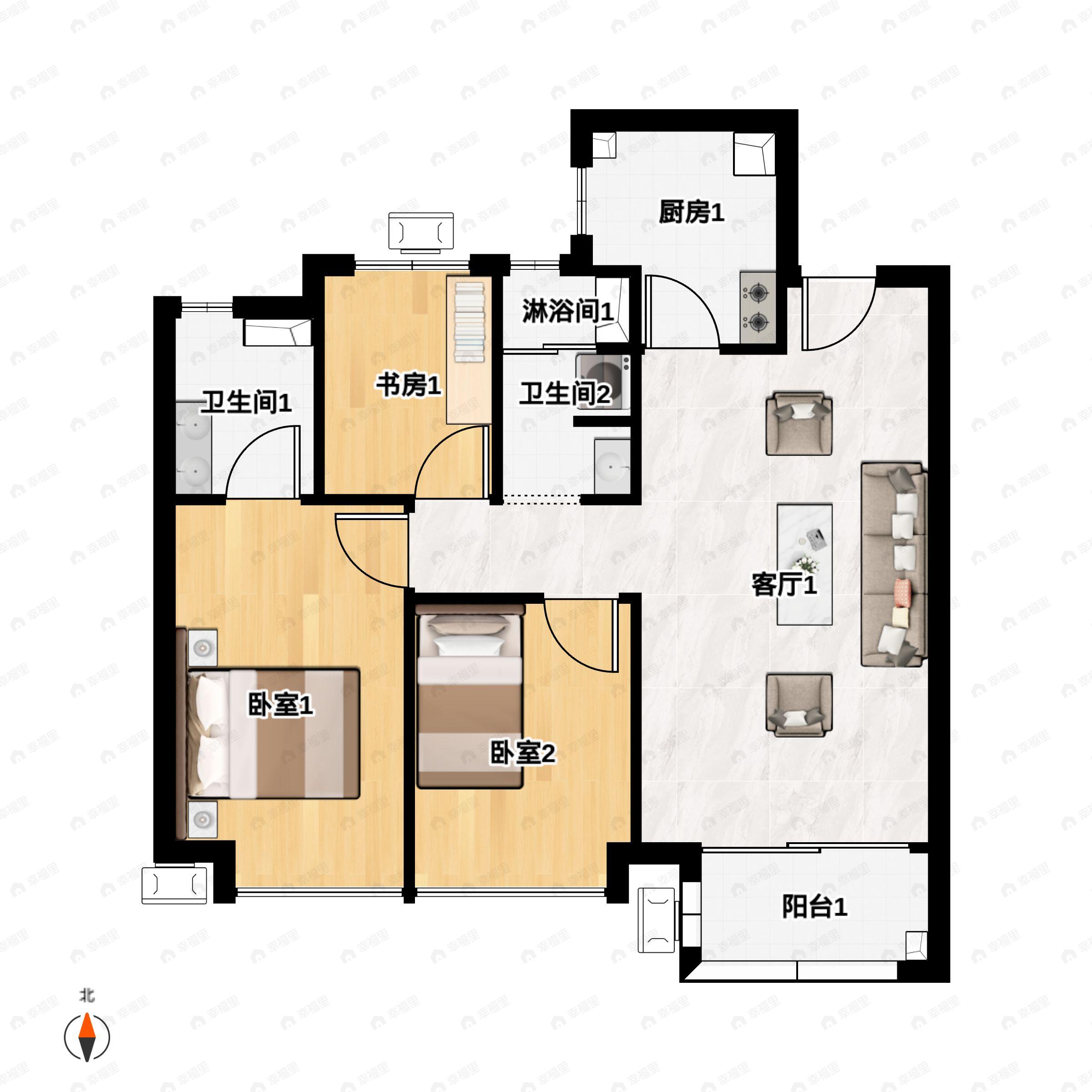 3室2厅2卫建面99m²南户型图