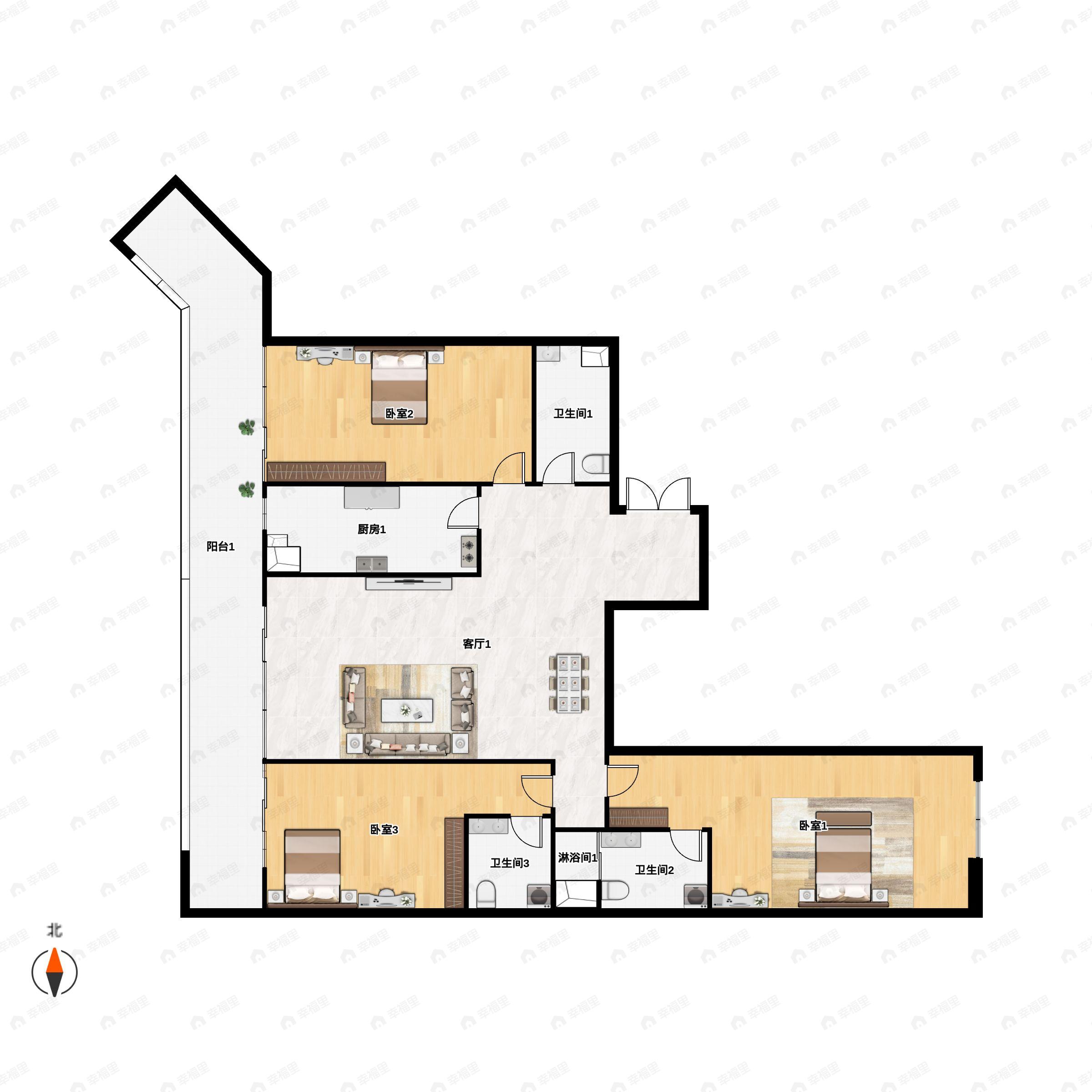 3室2厅3卫建面196平南户型图