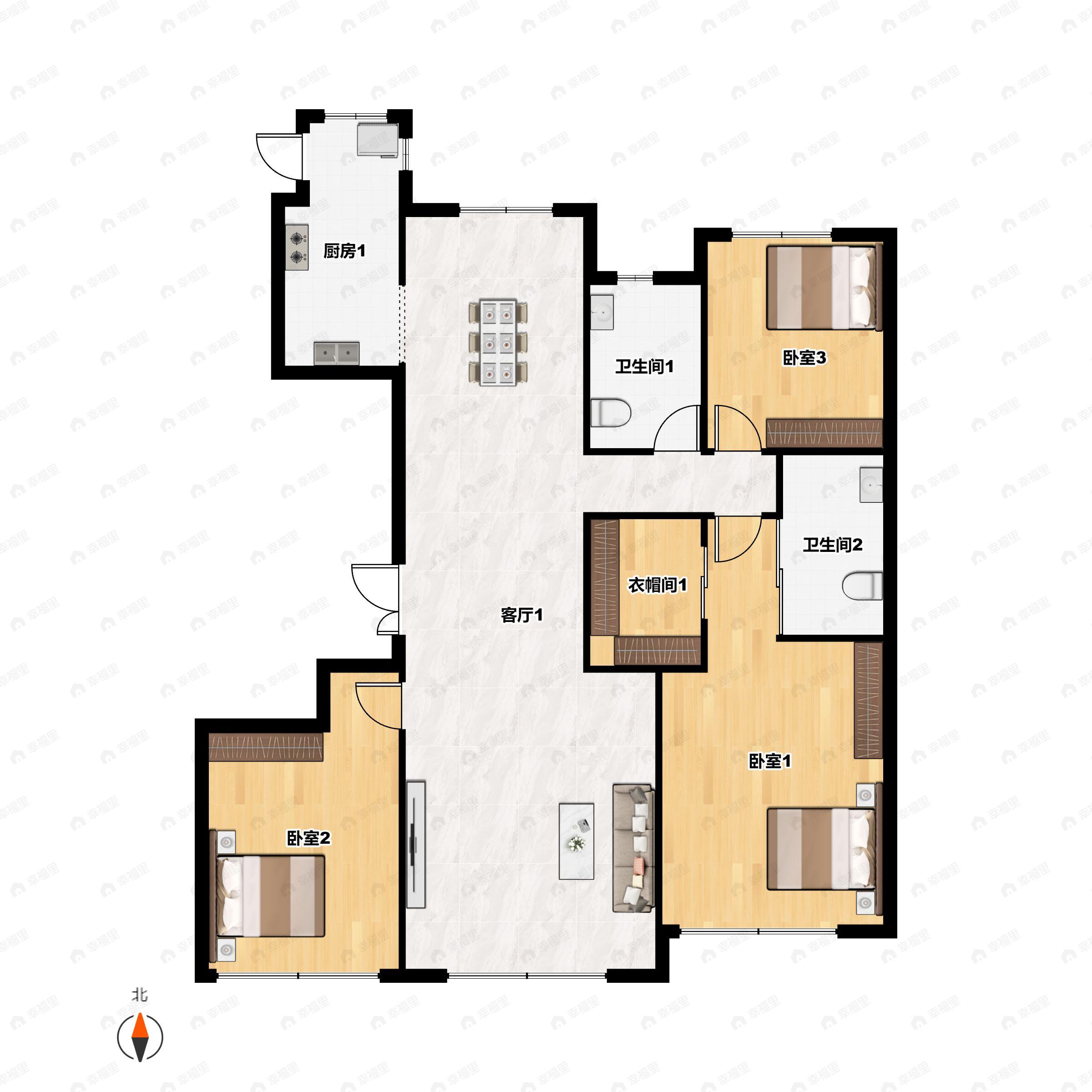 3室2厅2卫建面186m²南户型图