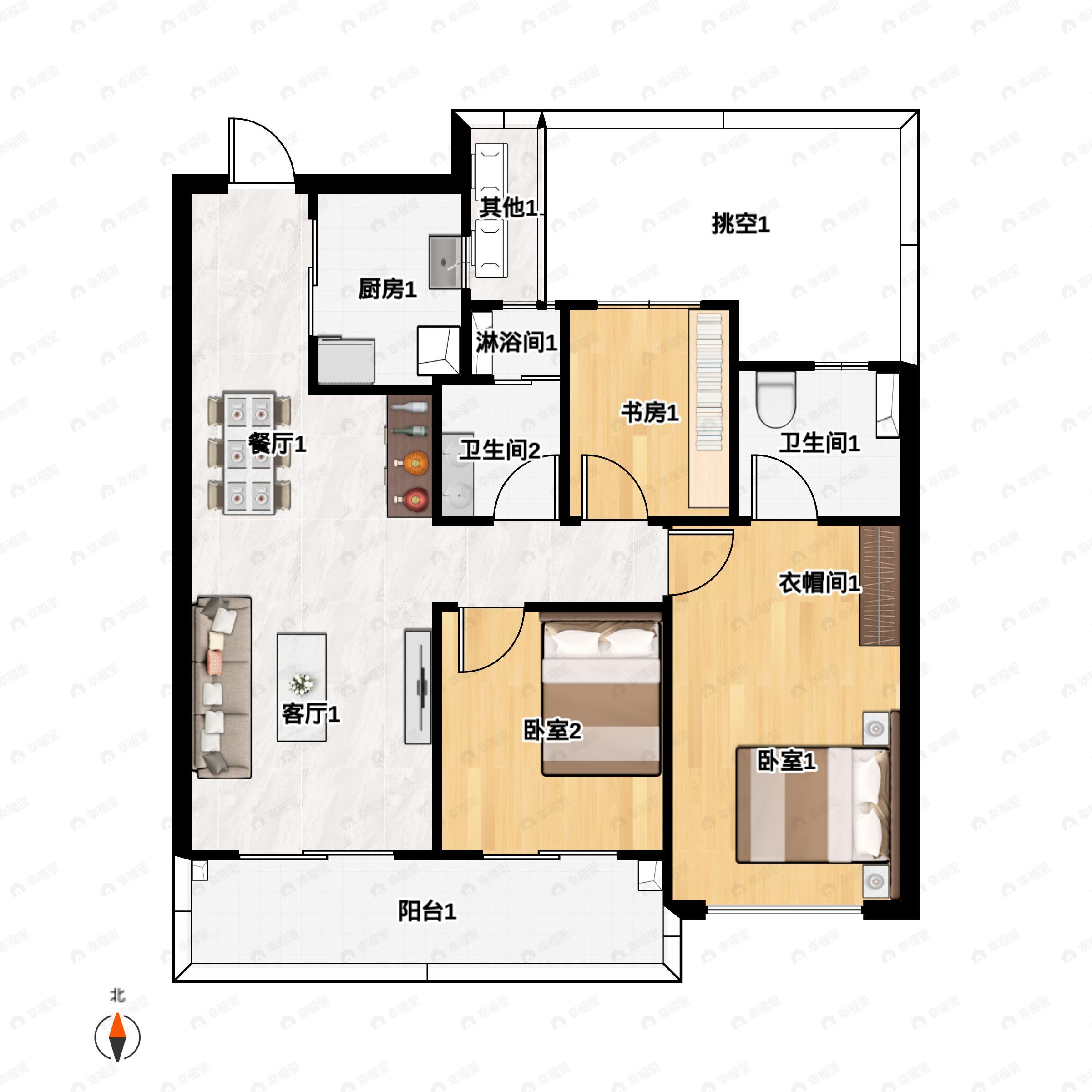 3室2厅2卫建面98m²北|南户型图