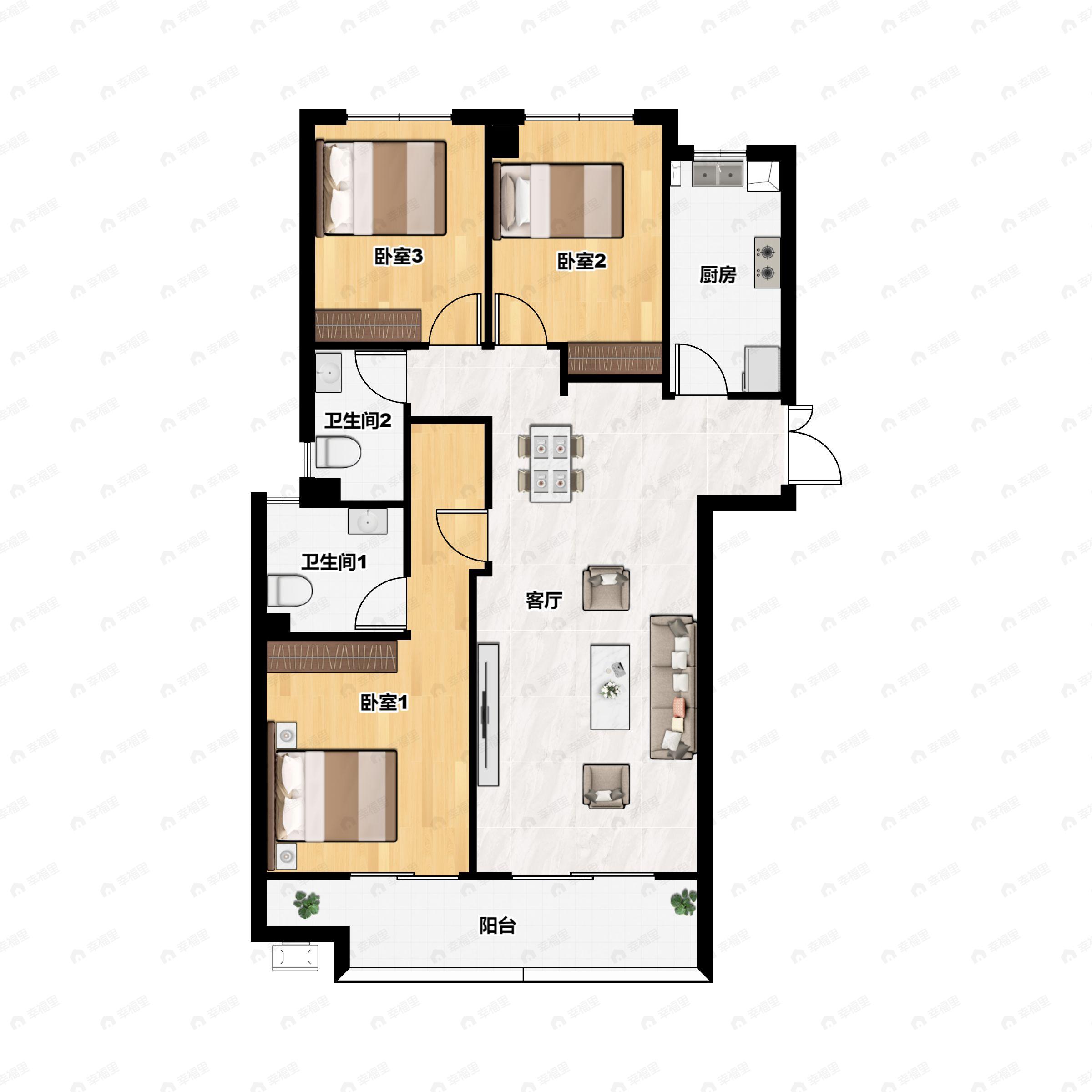 3室2厅2卫建面125平户型图