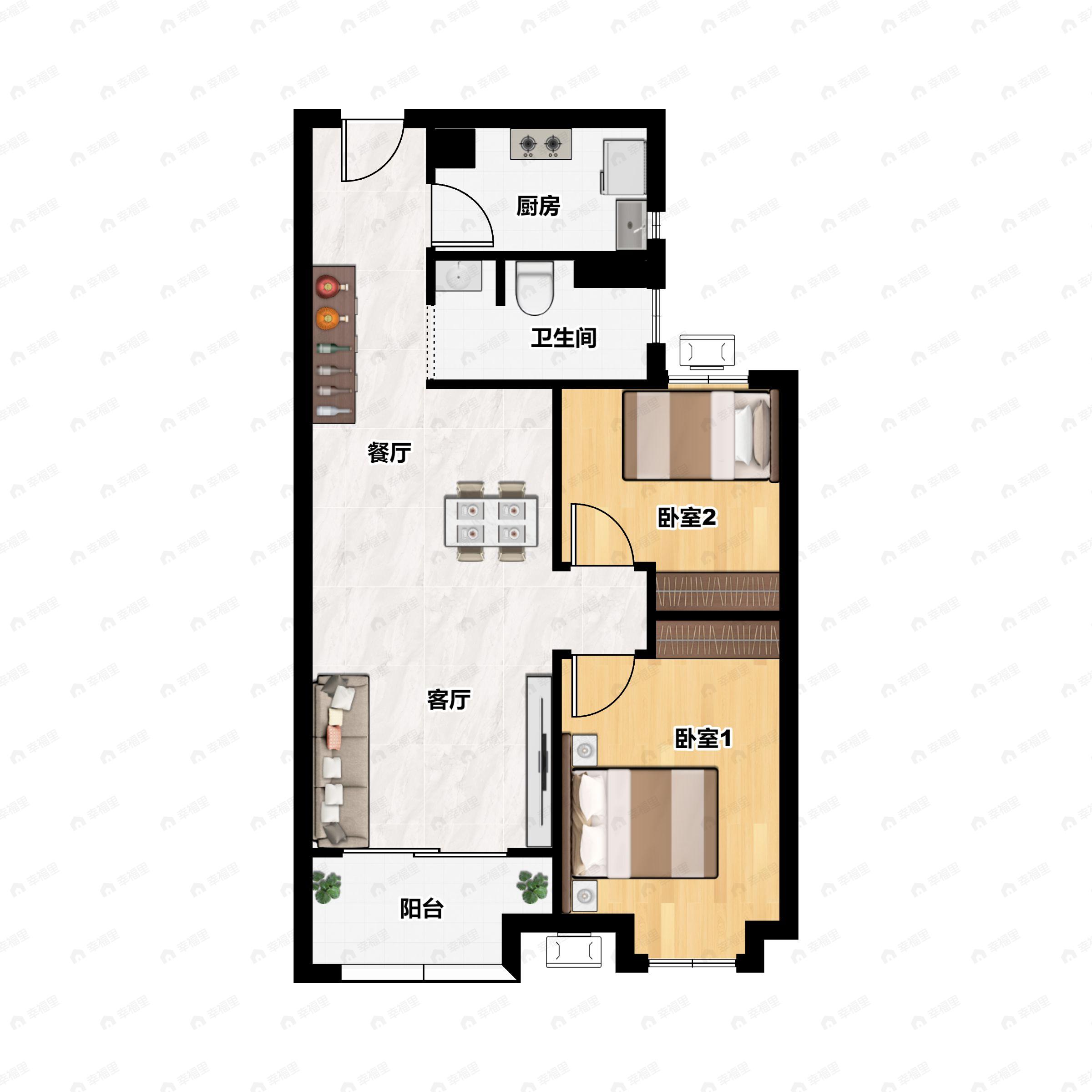 2室2厅1卫建面77m²南户型图