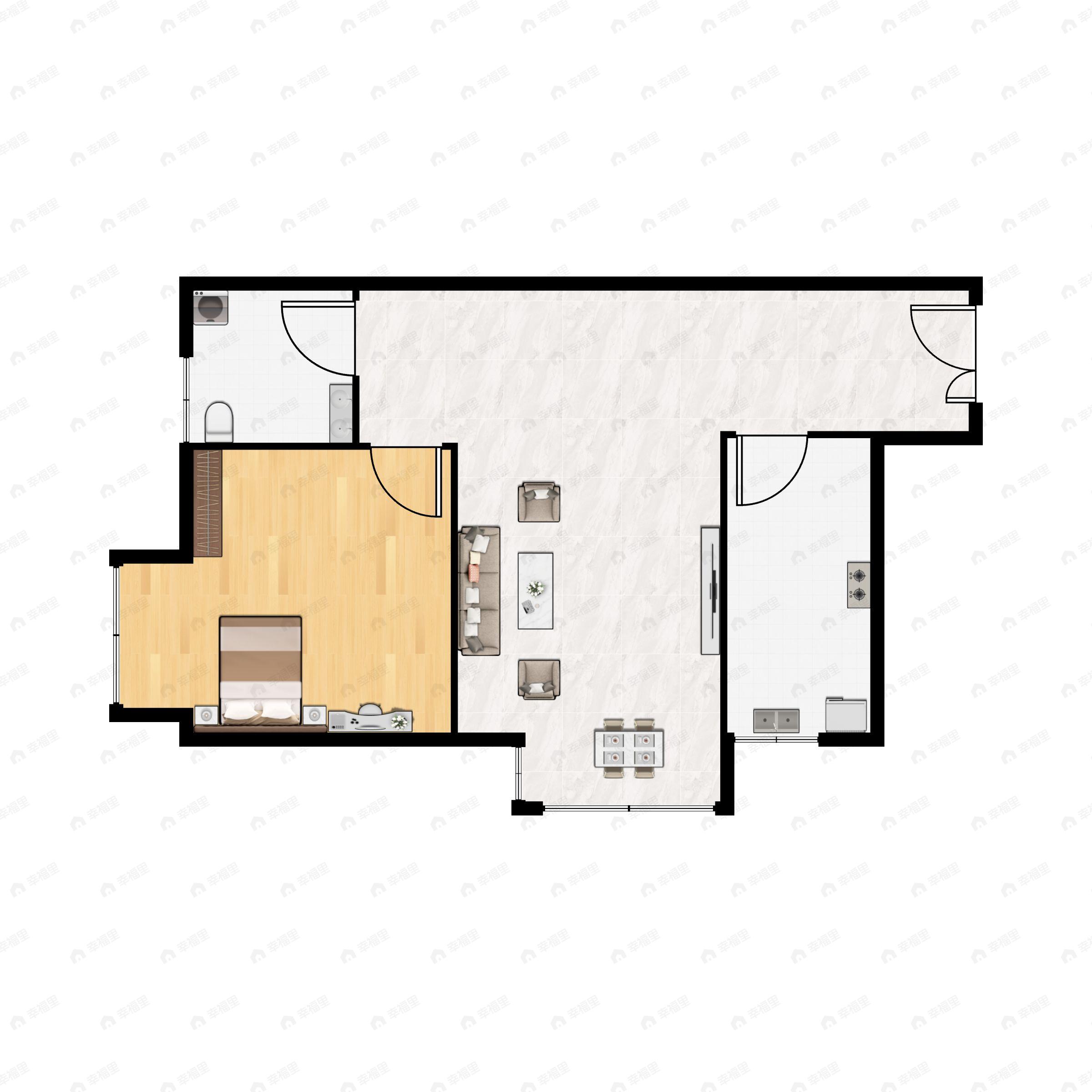 1室2厅1卫建面48m²南户型图