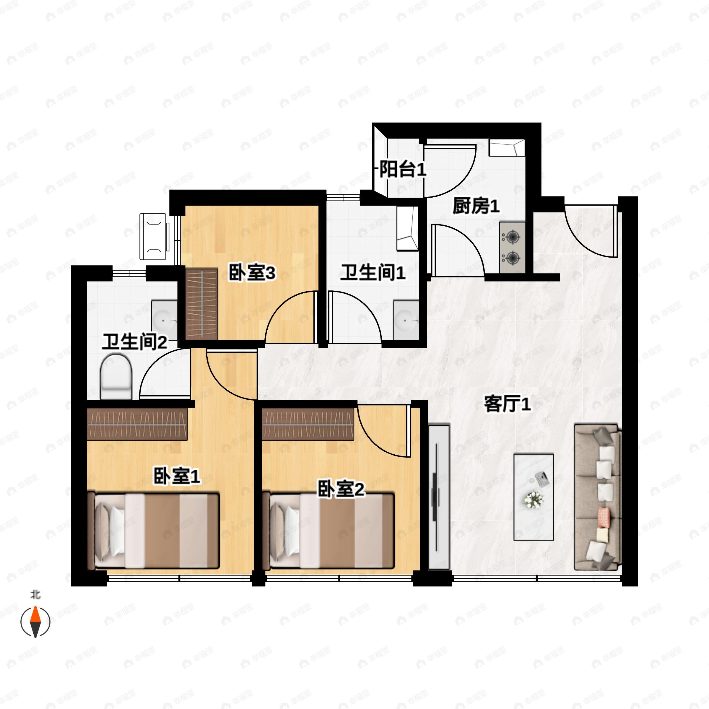 3室2厅2卫建面107平东南户型图