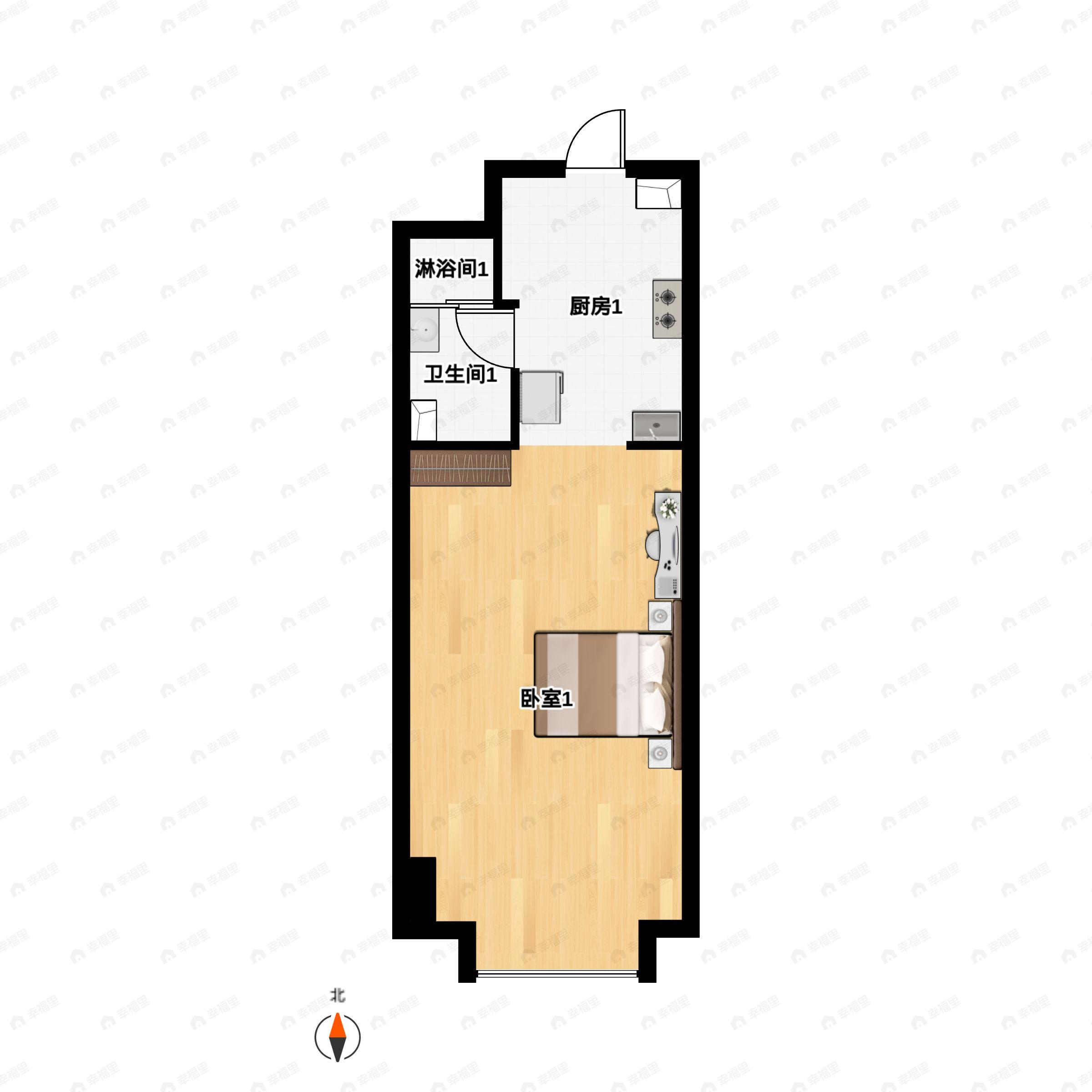 1室1厅1卫建面37m²南户型图