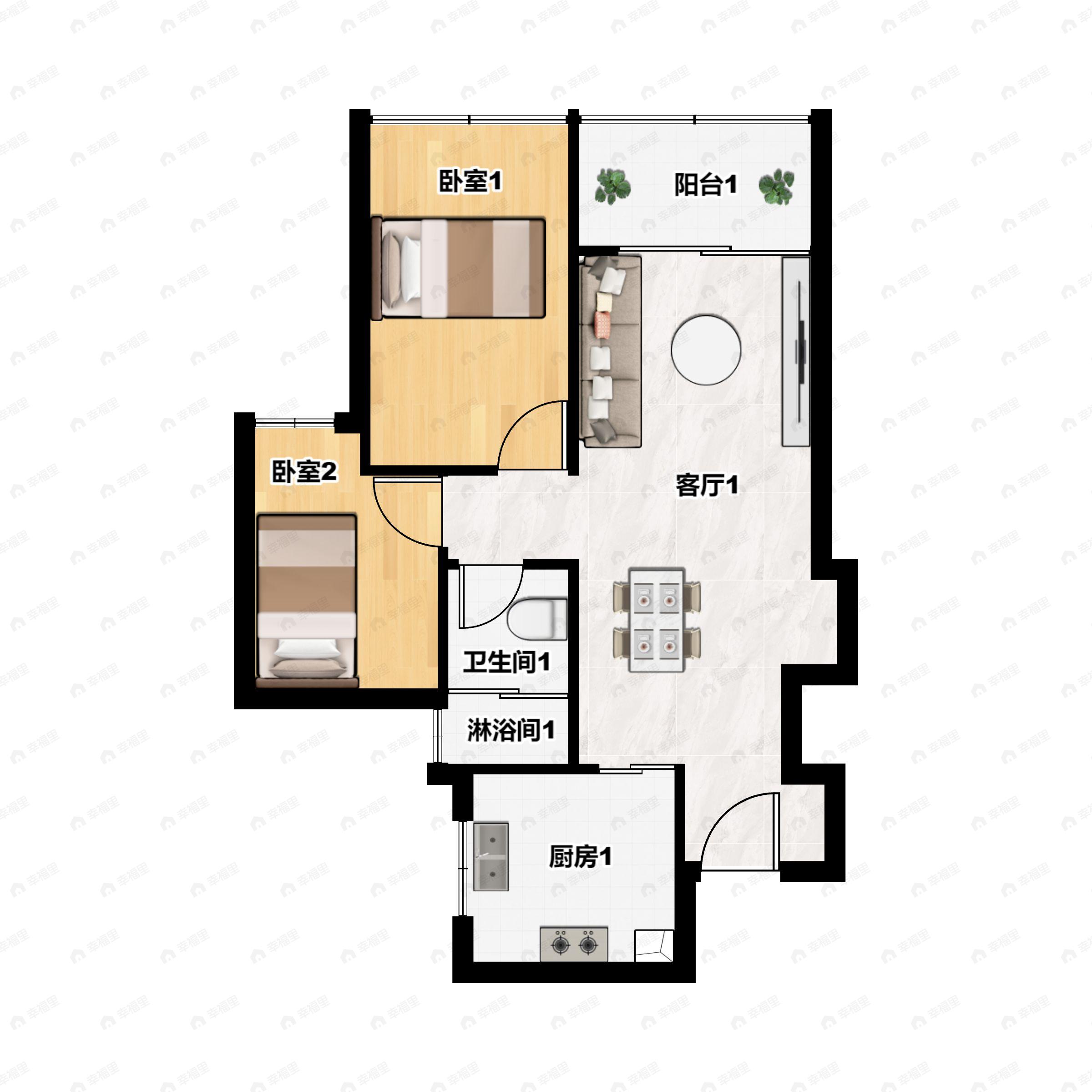 2室2厅1卫建面64平户型图