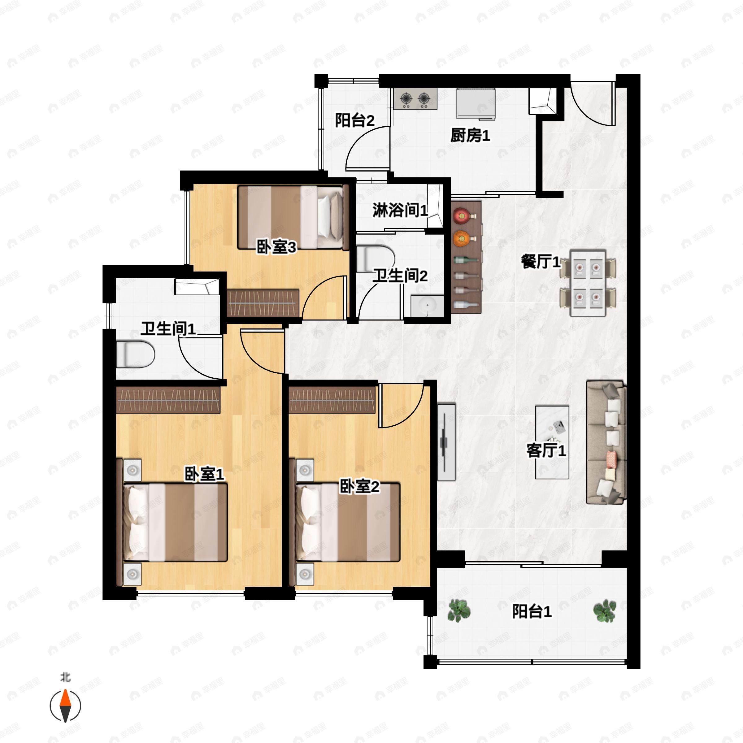 3室2厅2卫建面92平南户型图