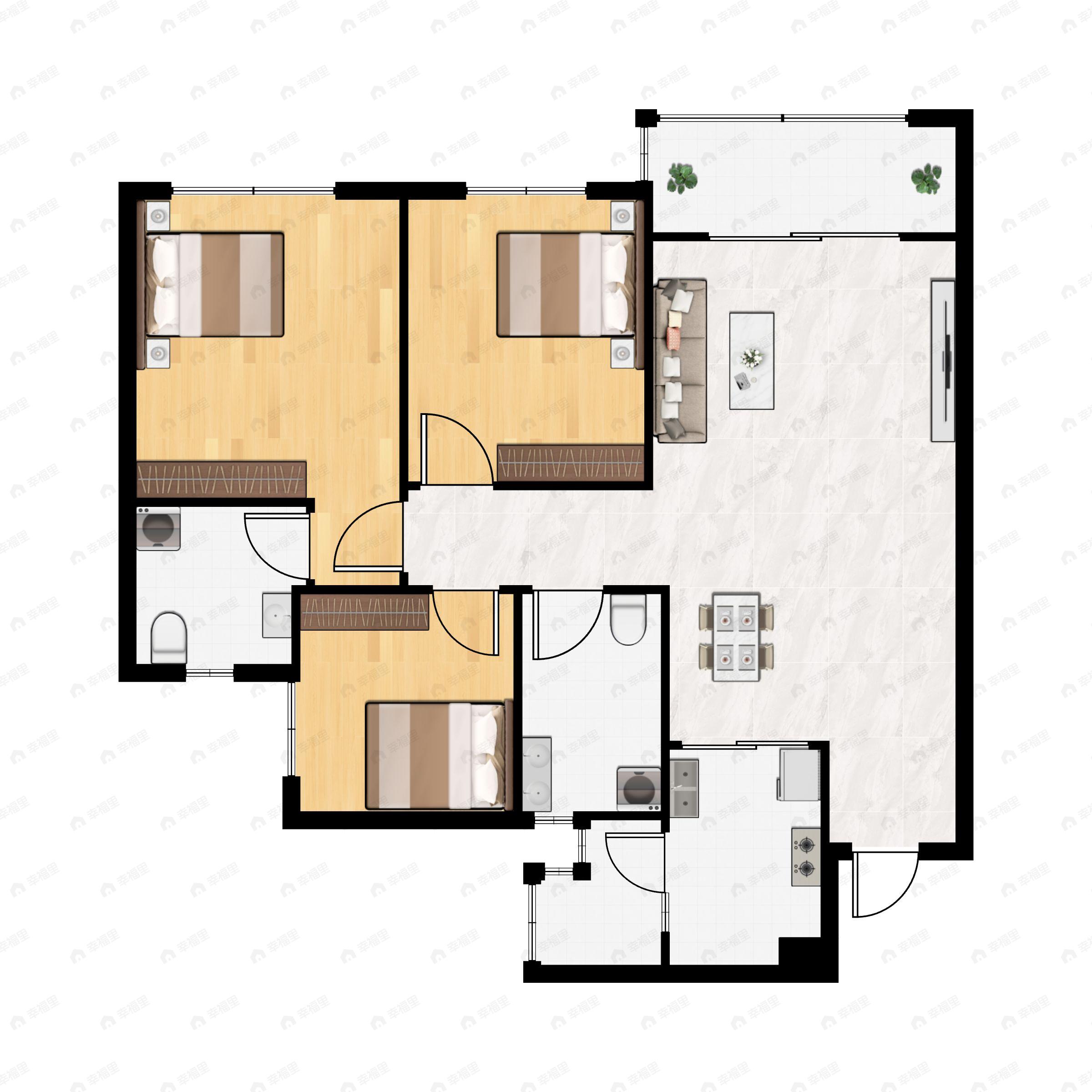 3室2厅2卫建面89平户型图