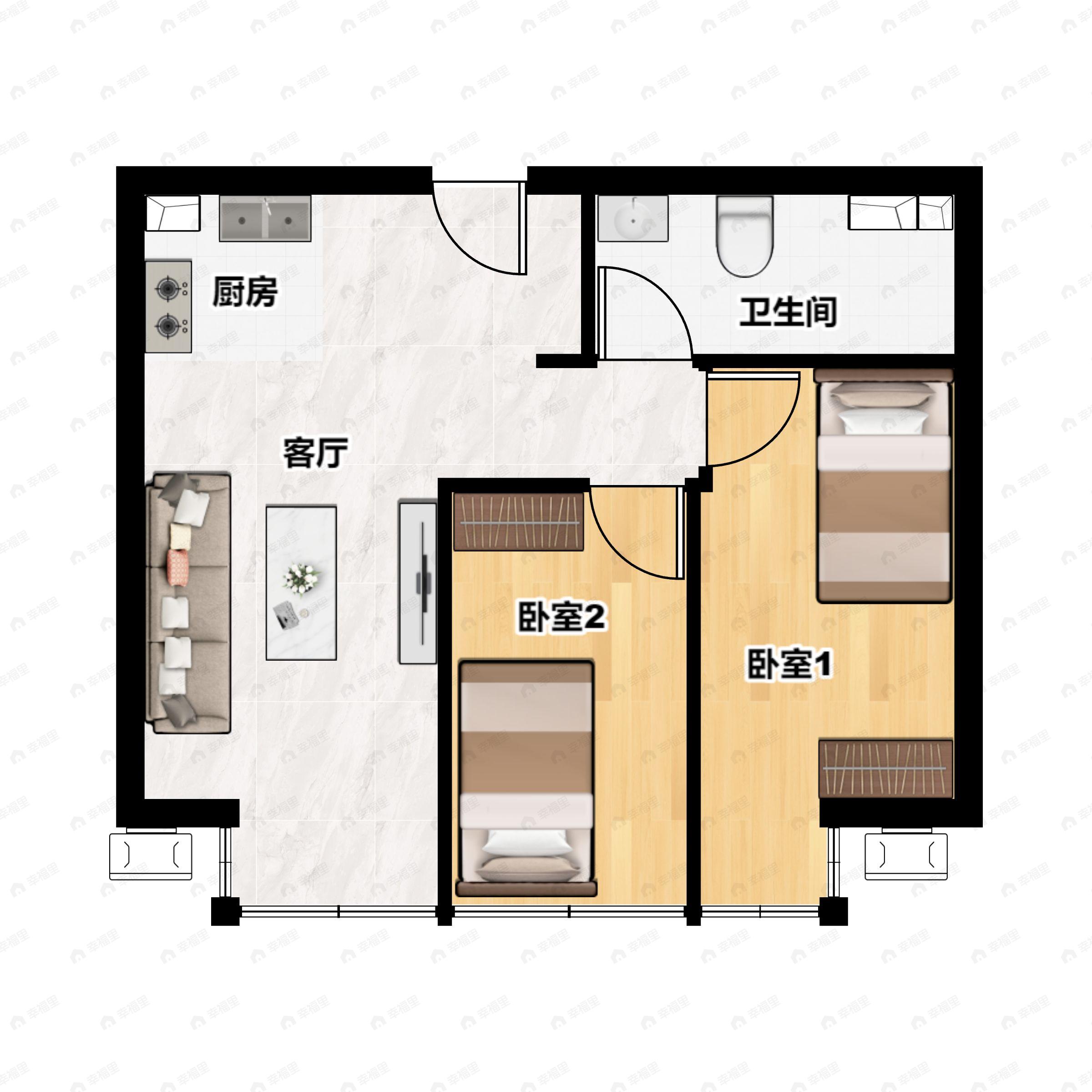 2室2厅1卫建面64平南户型图
