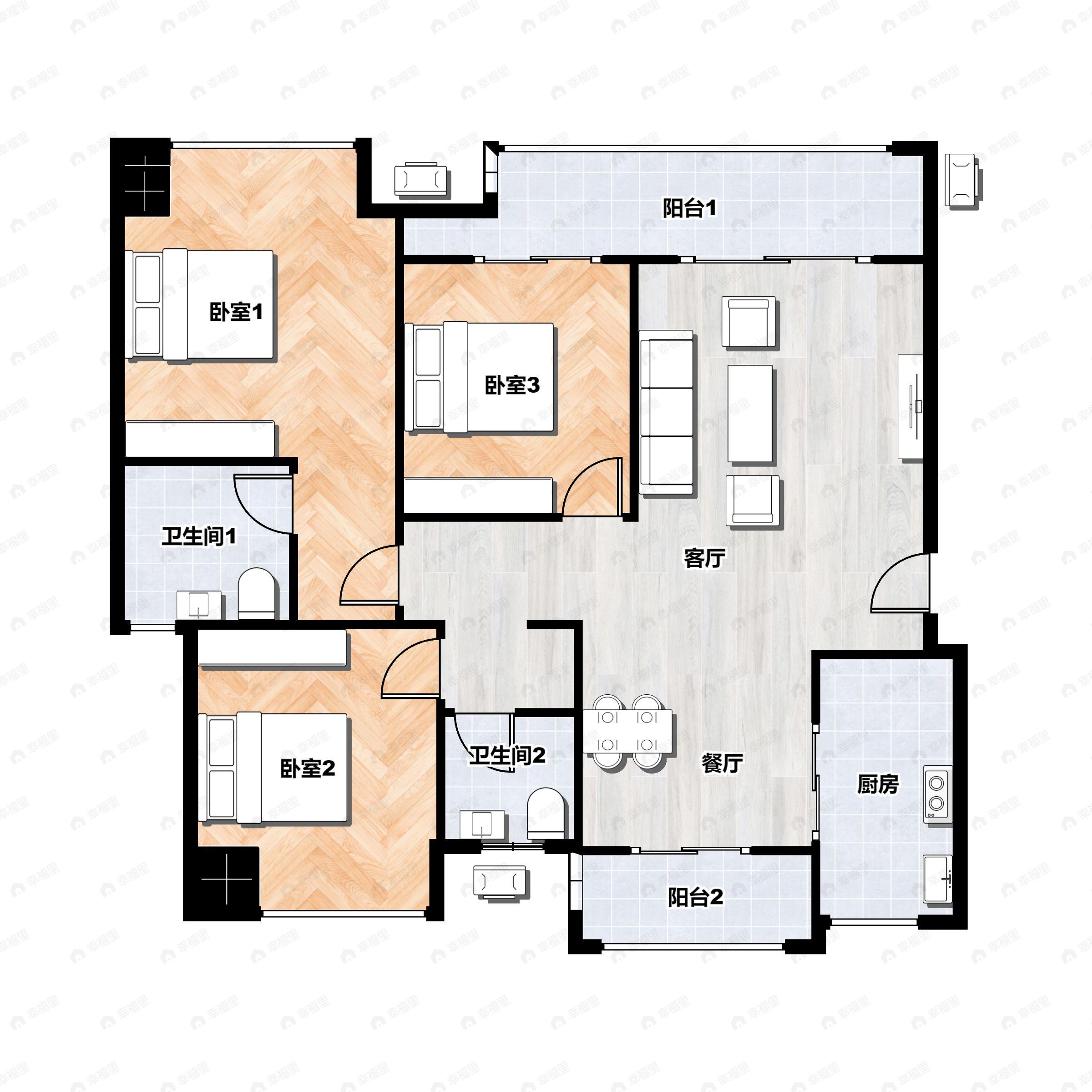 3室2厅2卫建面98平户型图