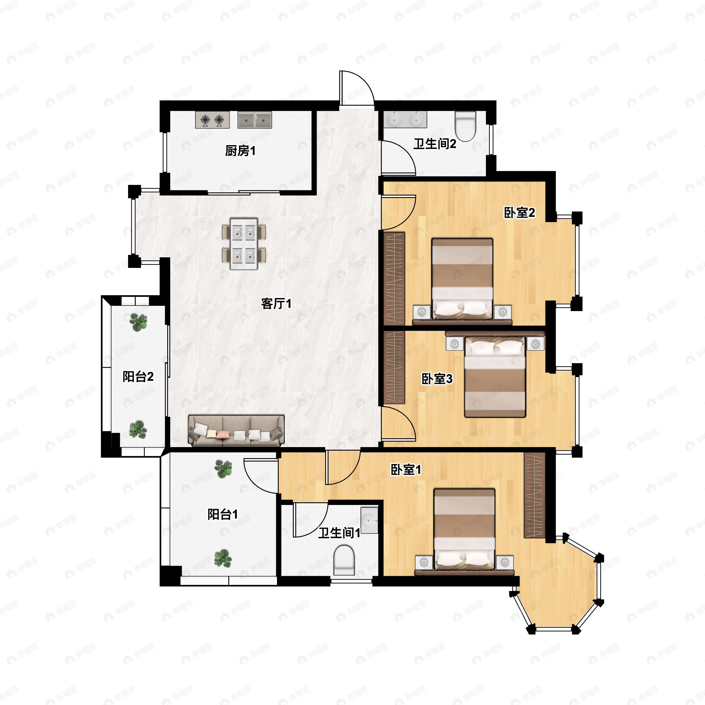 4室2厅2卫建面128平西北户型图