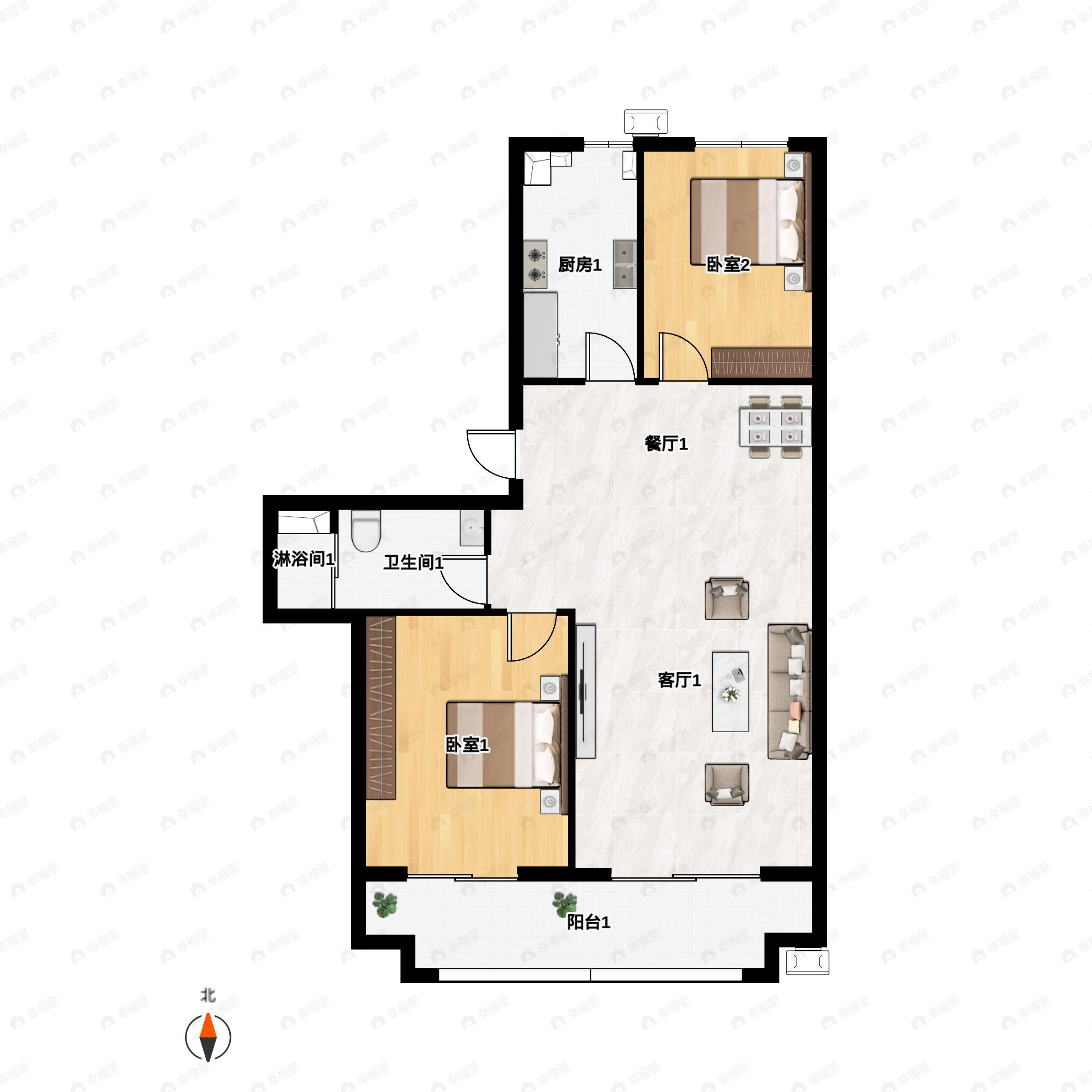 2室2厅1卫建面104m²南户型图