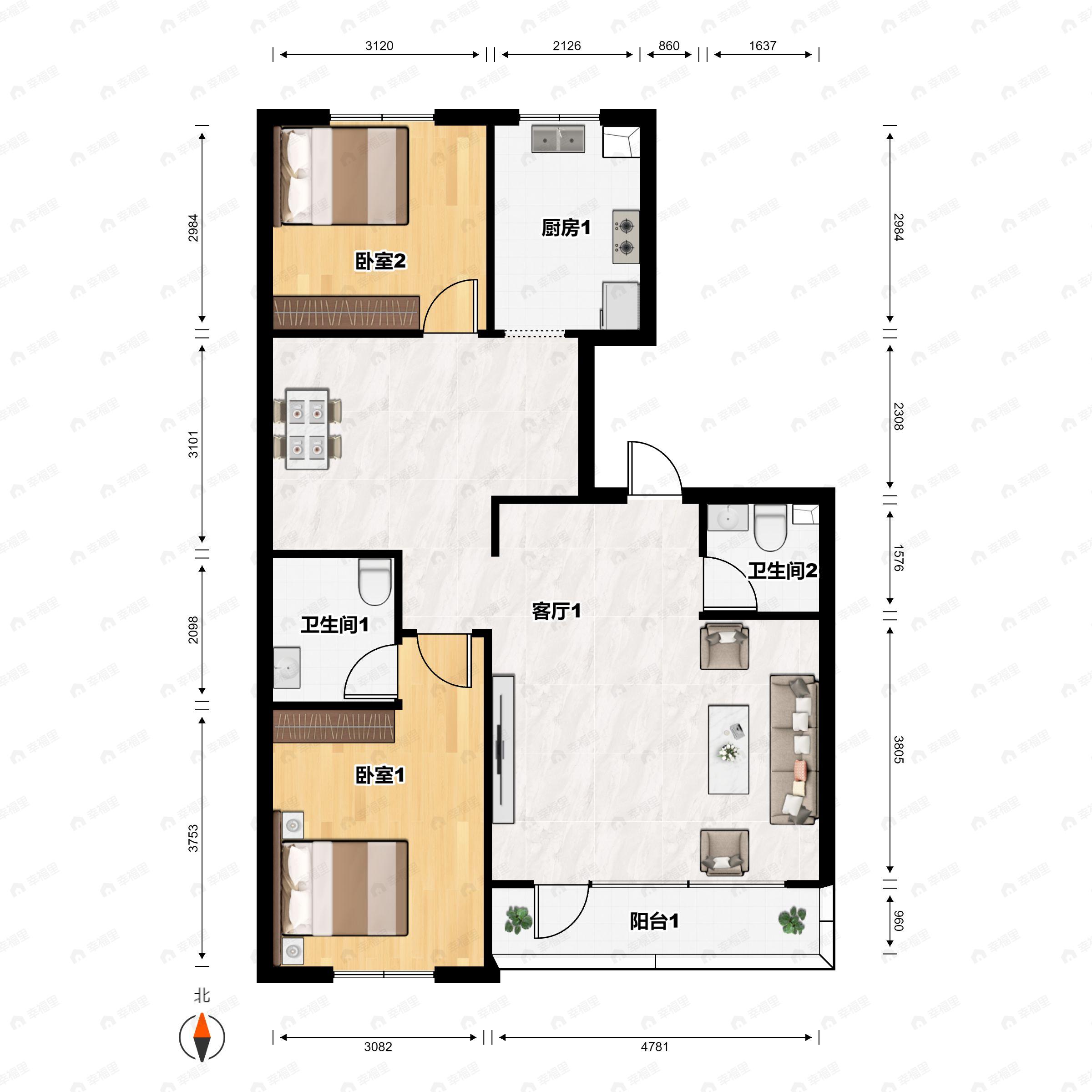 2室2厅2卫建面106m²南户型图