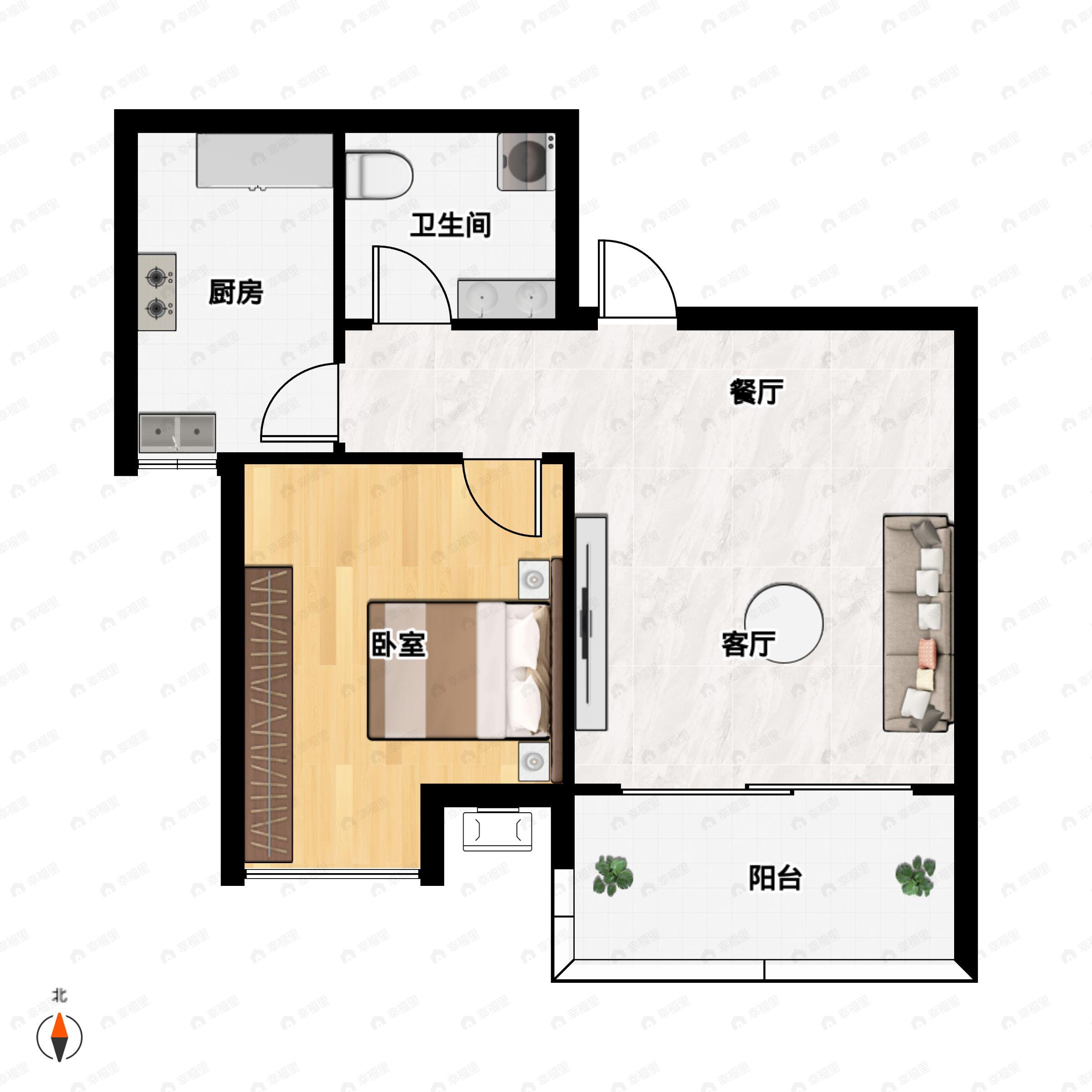 1室2厅1卫建面51平户型图