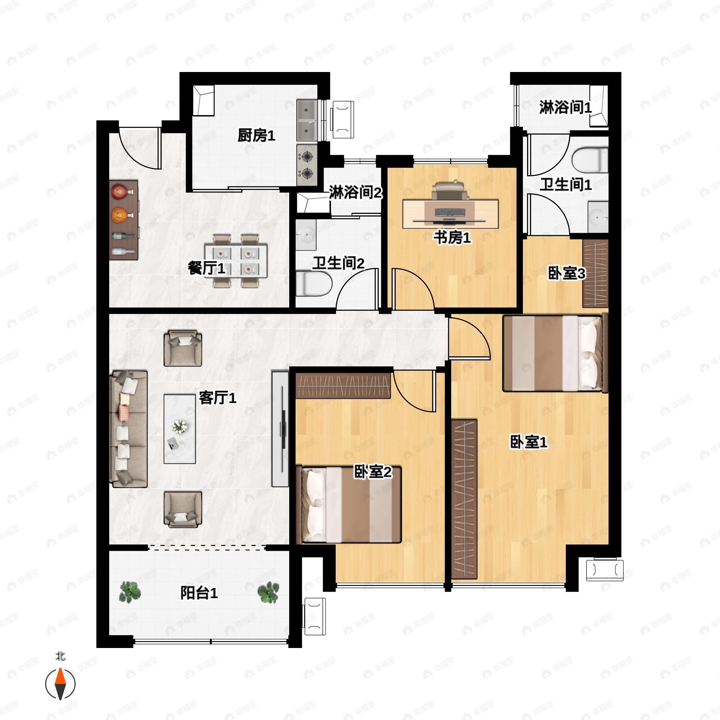 3室2厅2卫建面118m²南|北户型图