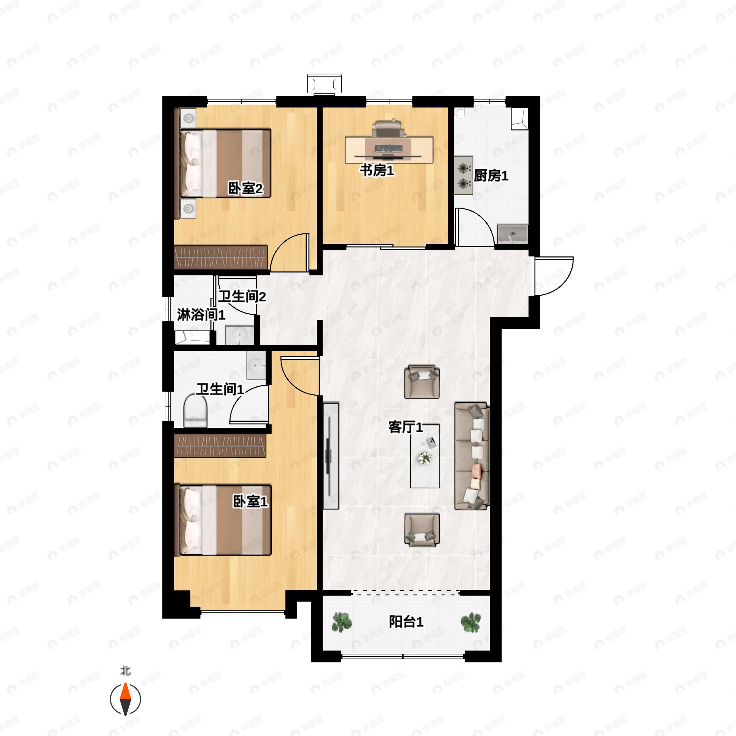 3室2厅2卫建面128m²北|南户型图