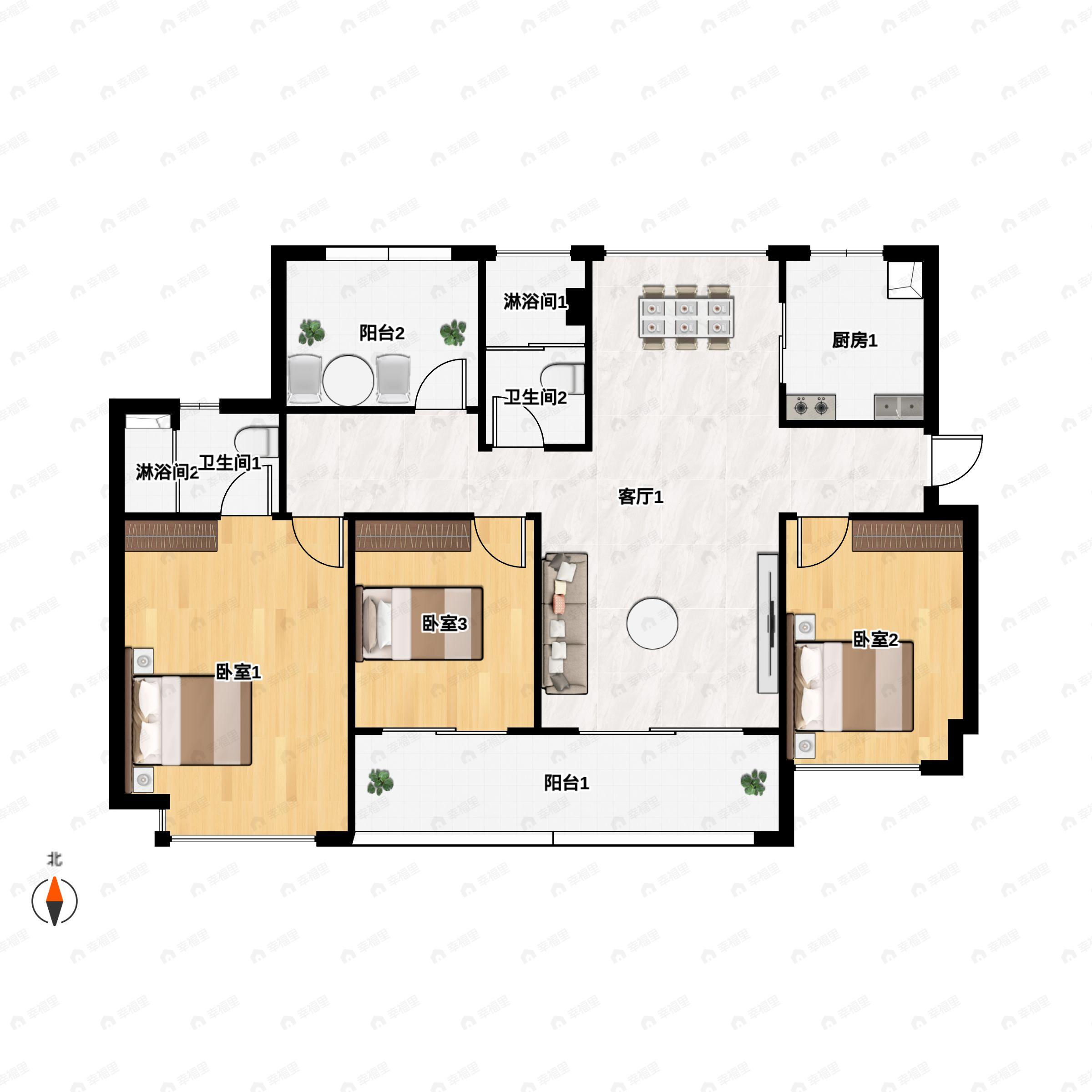 3室2厅2卫建面123平户型图