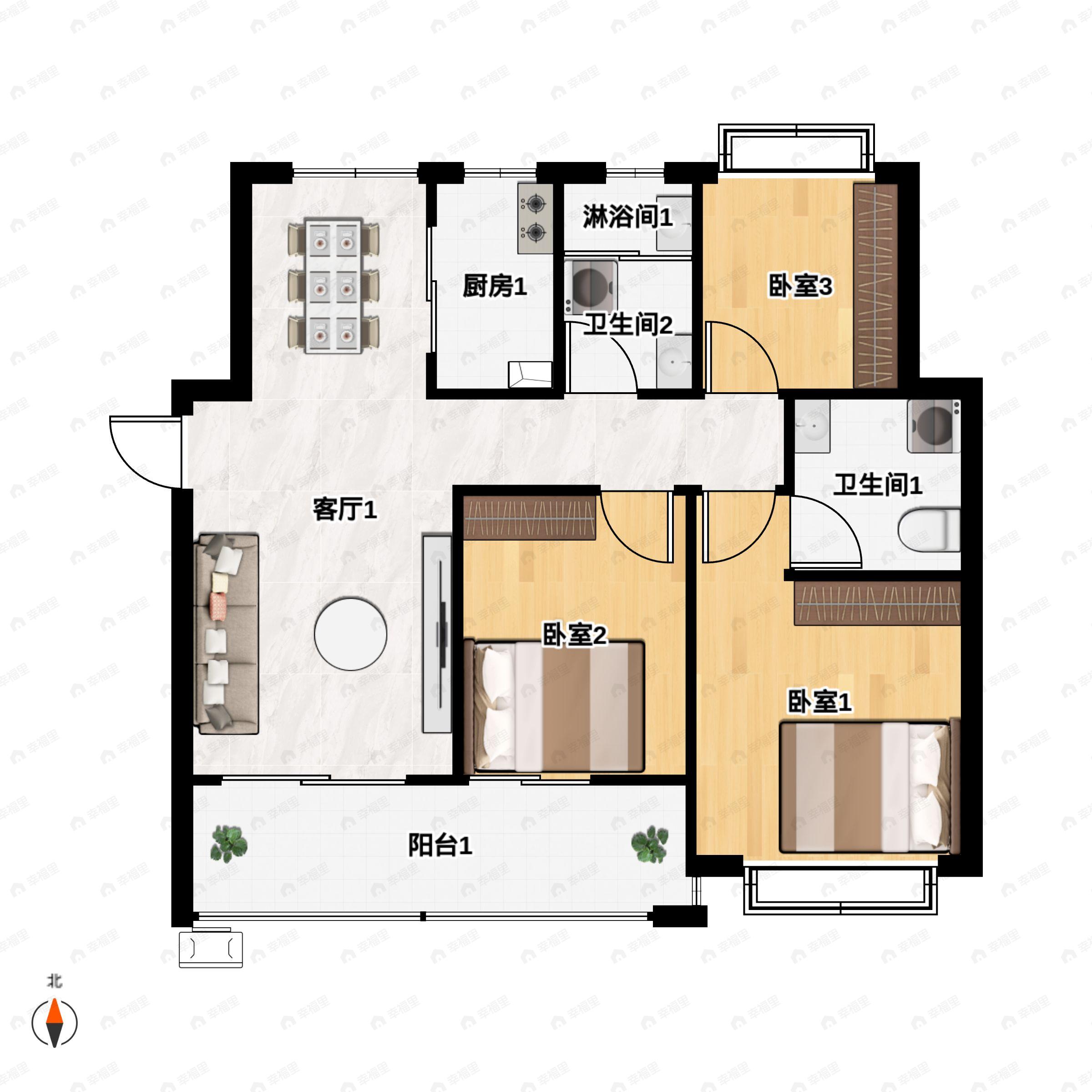 3室2厅2卫建面104平户型图