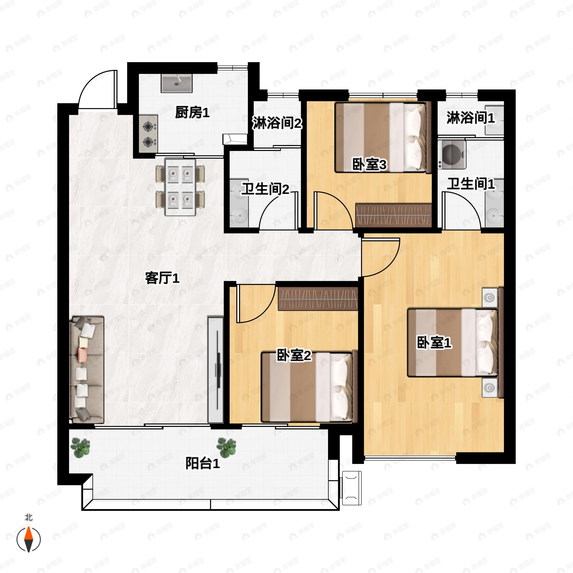 3室2厅2卫建面104平户型图