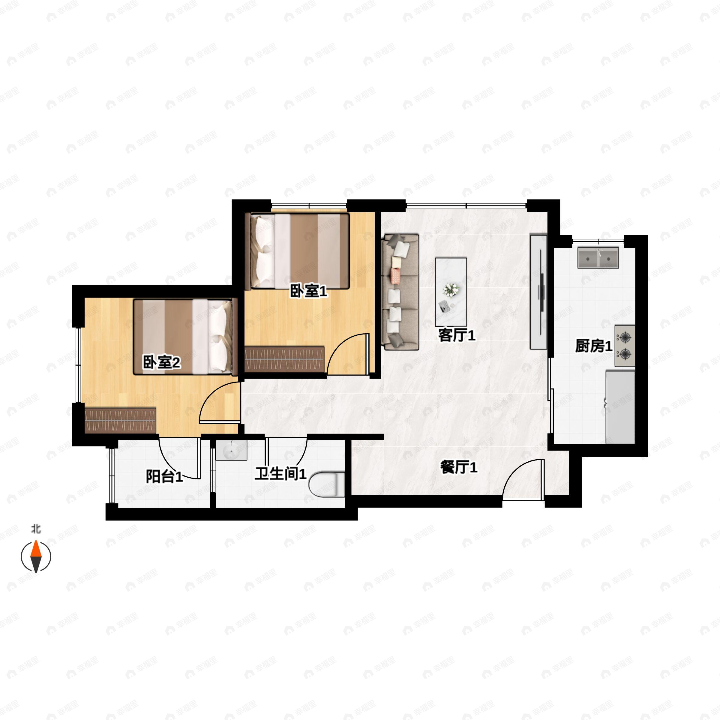 2室2厅1卫建面72平北|南户型图