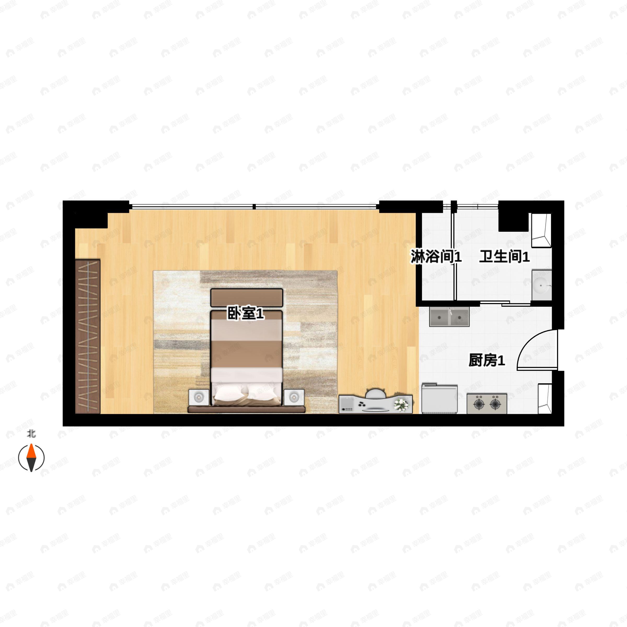 1室1厅1卫建面45平北户型图