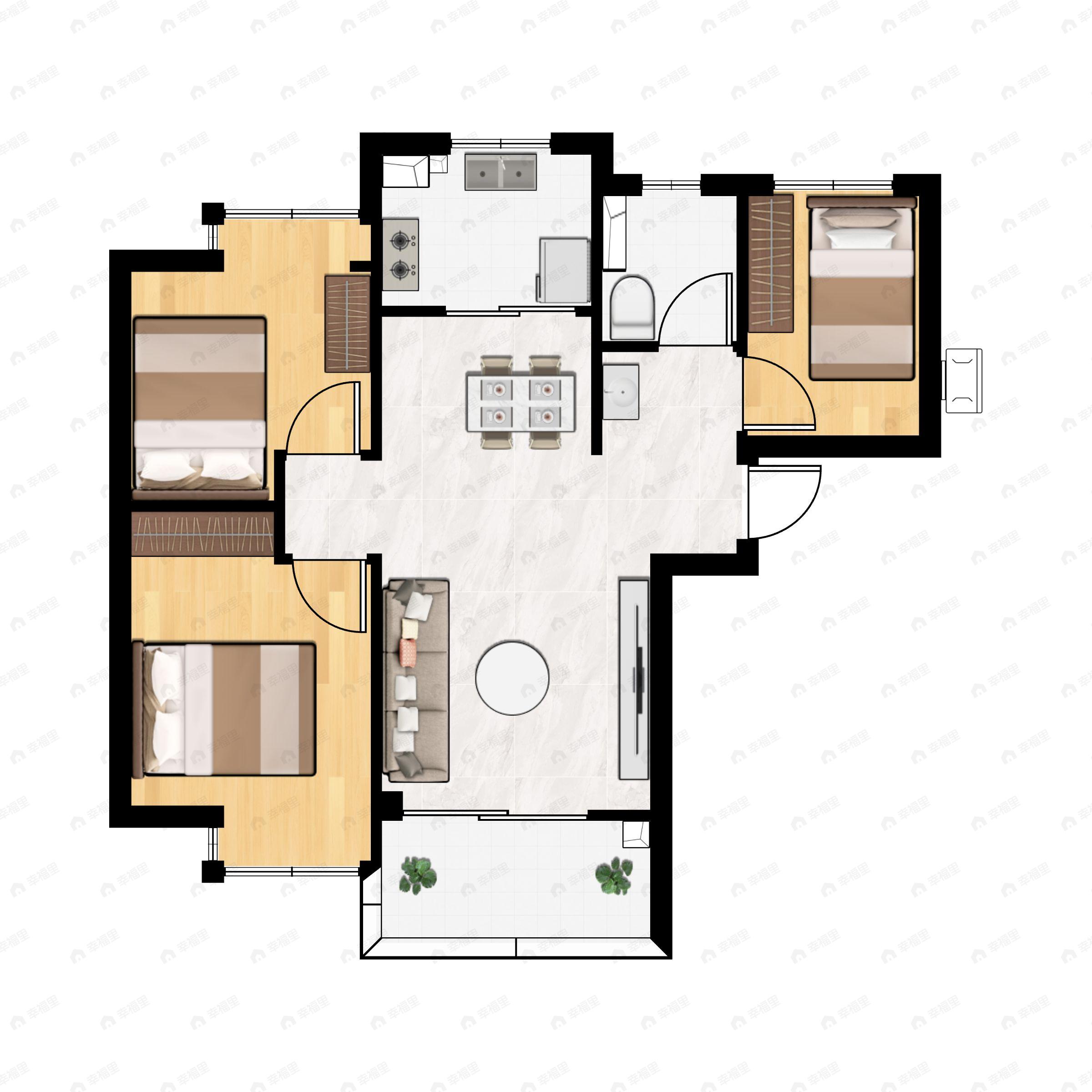 3室2厅1卫建面80平户型图
