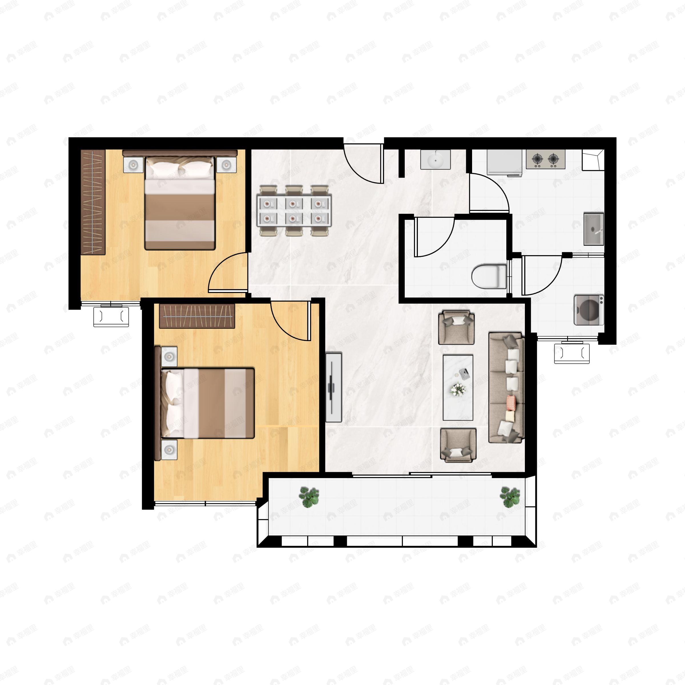2室1厅1卫建面72m²南户型图