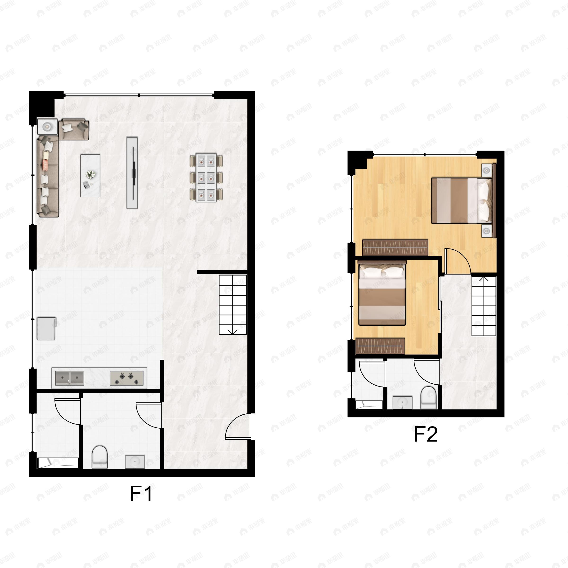2室2厅2卫建面62平北|西|南|东户型图