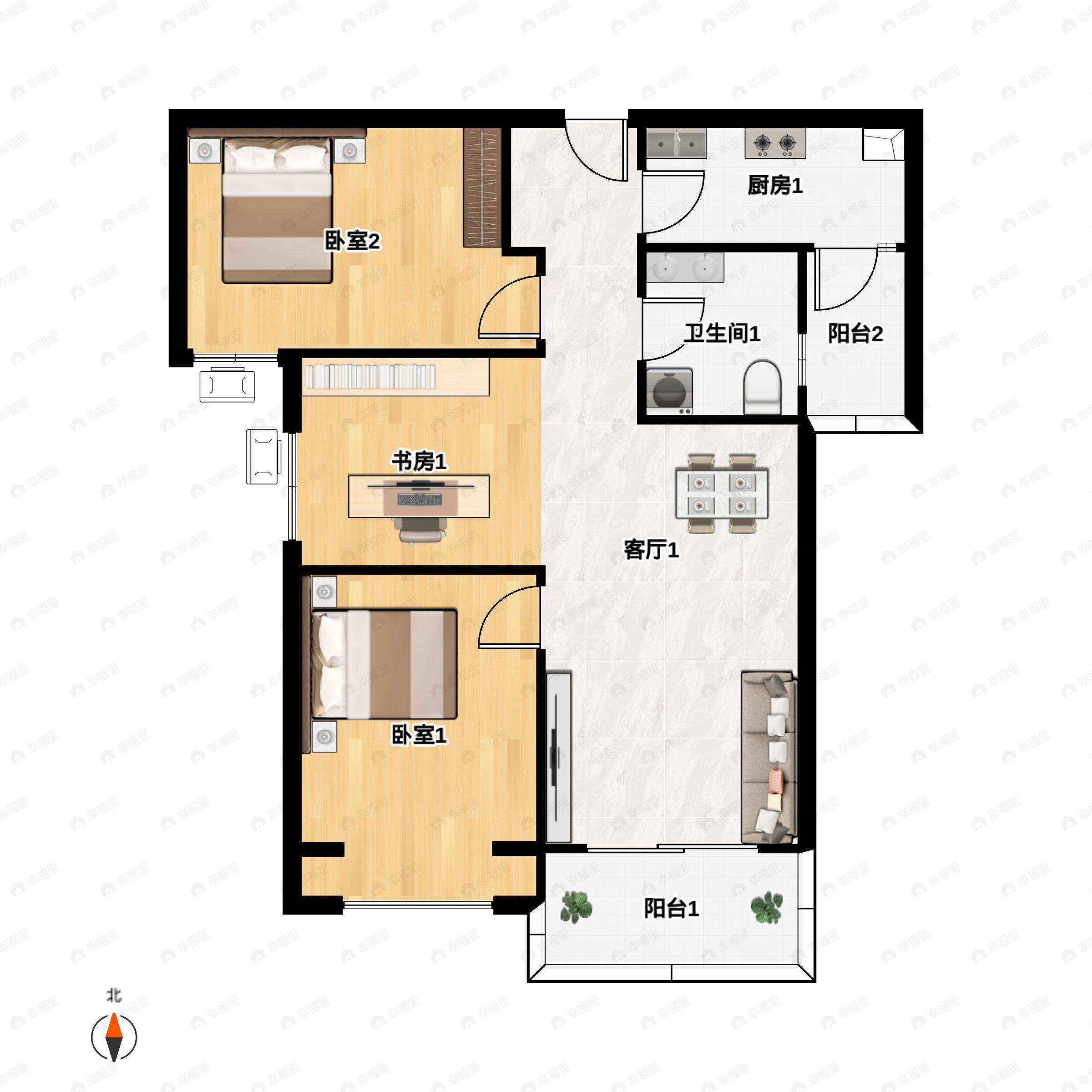 3室2厅1卫建面113平南|北户型图