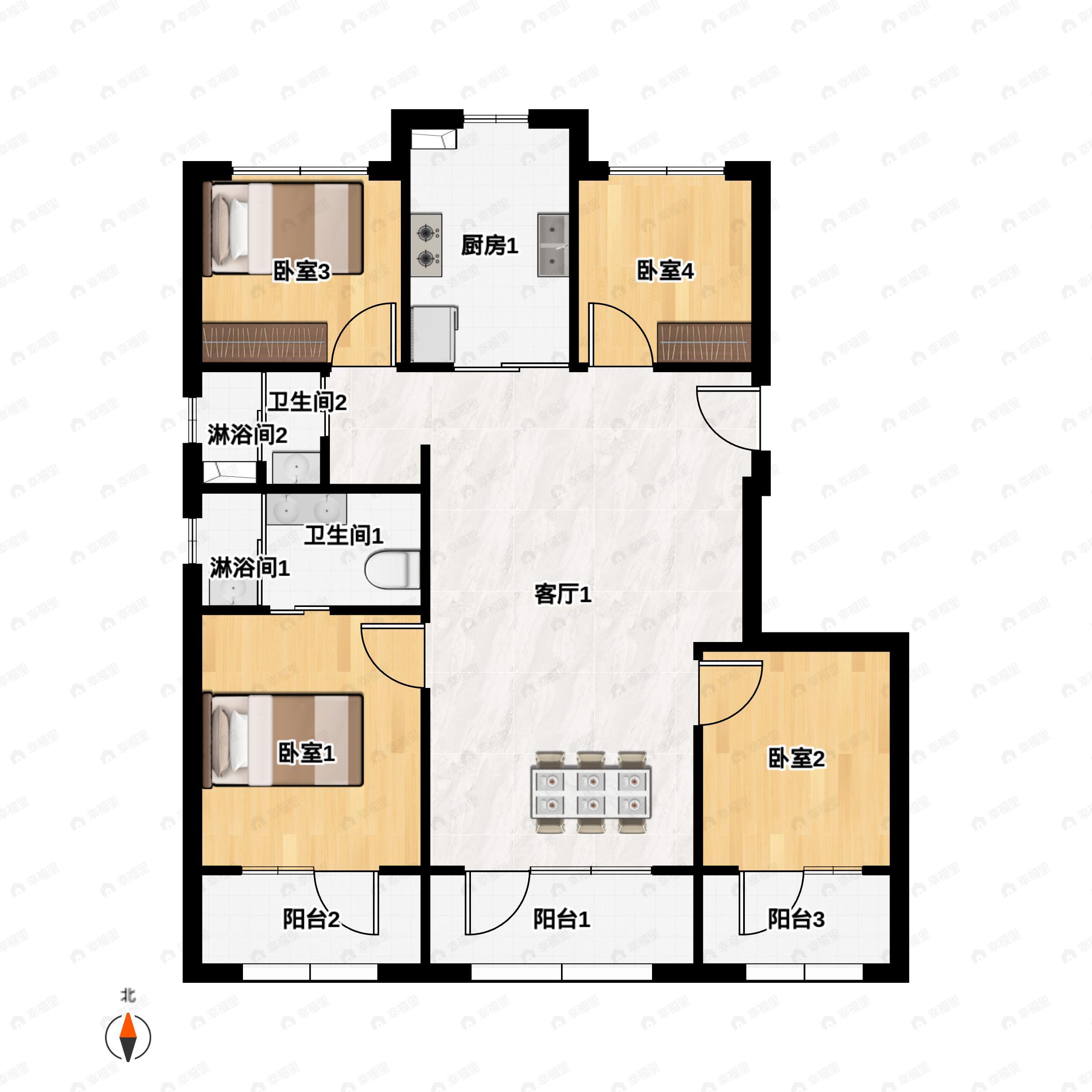 4室2厅2卫建面144平南|西|北户型图