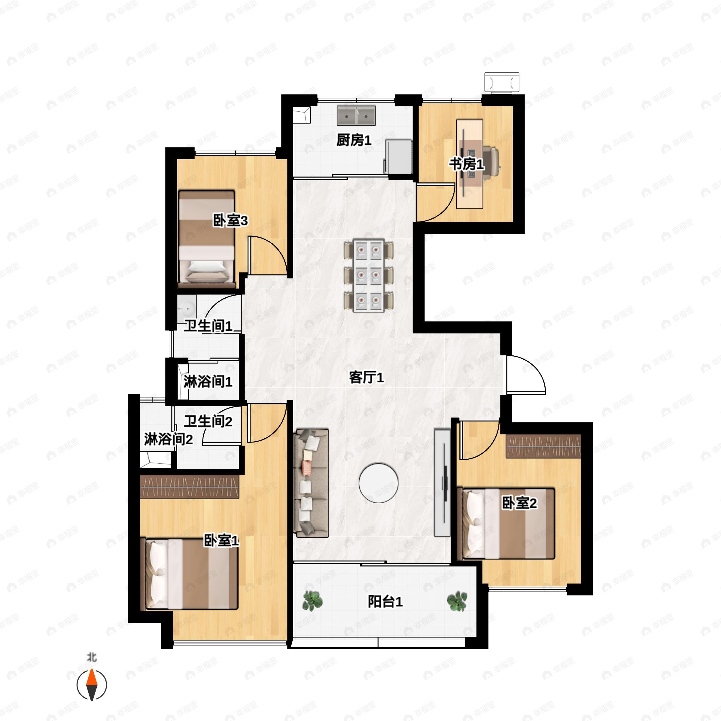 4室2厅2卫建面126平南户型图