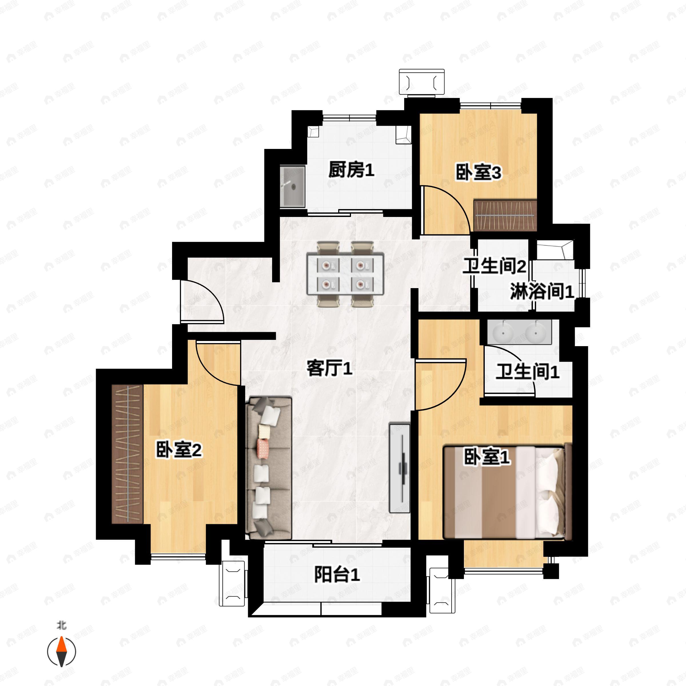 3室2厅2卫建面120平北|南户型图