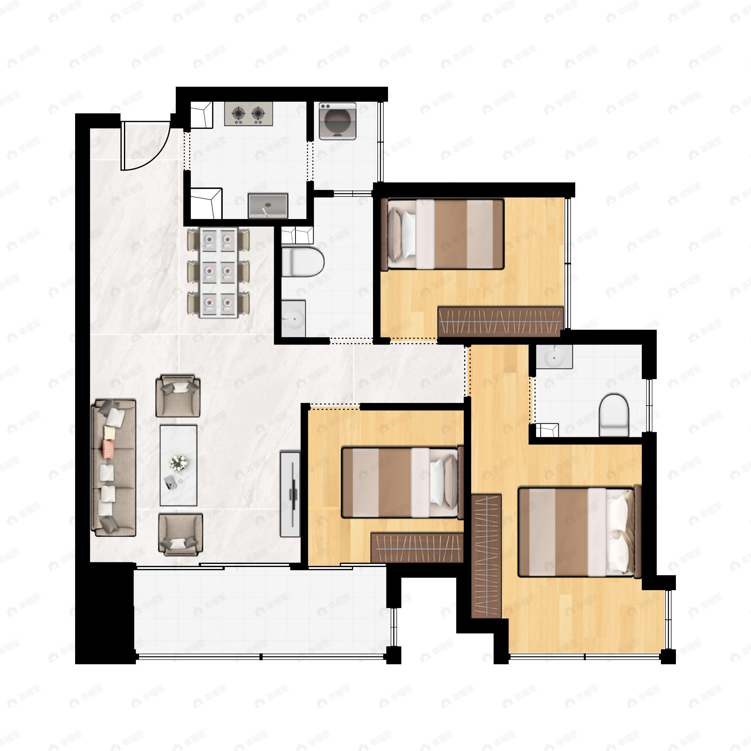3室2厅2卫建面102平户型图