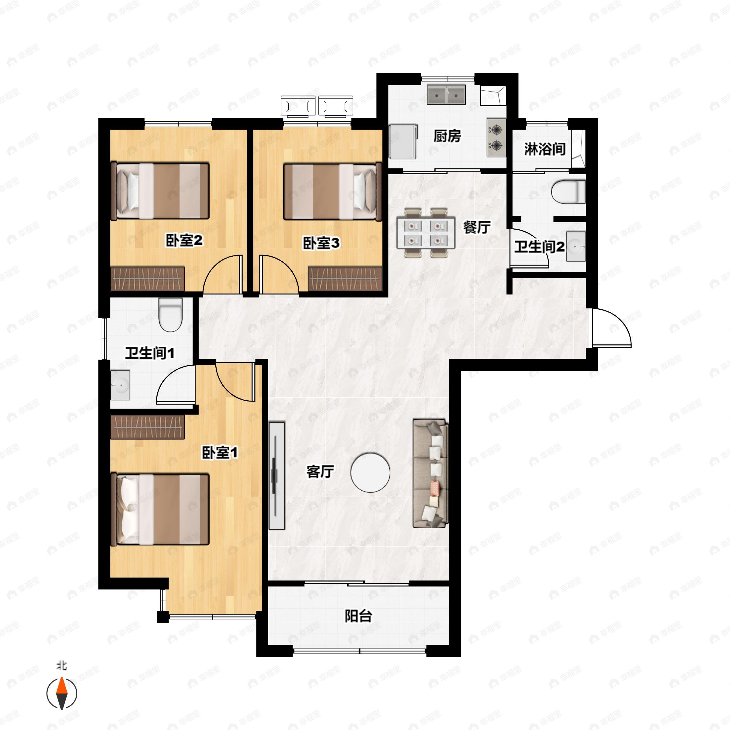 3室2厅2卫建面134平南户型图