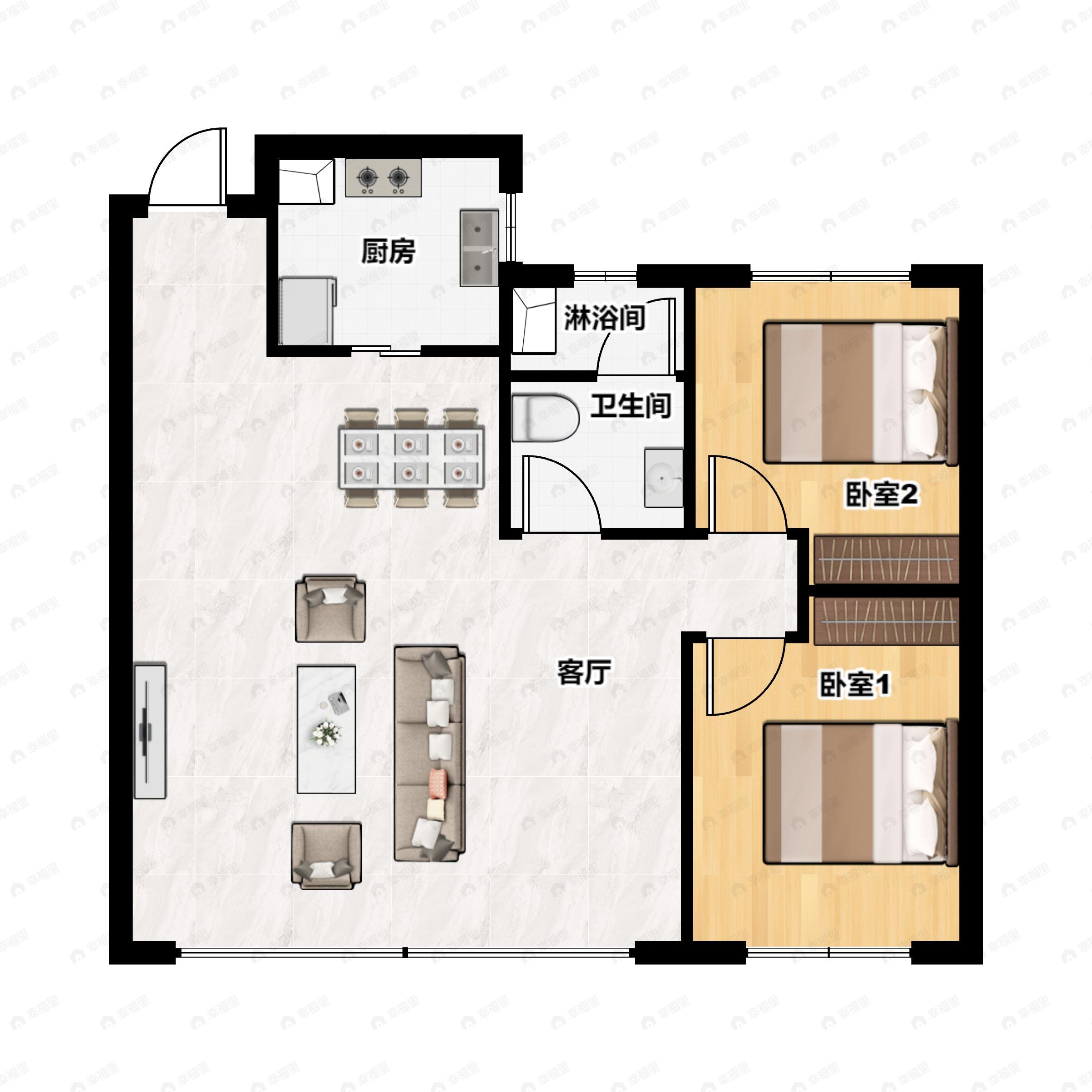 2室2厅1卫建面85平北|南户型图