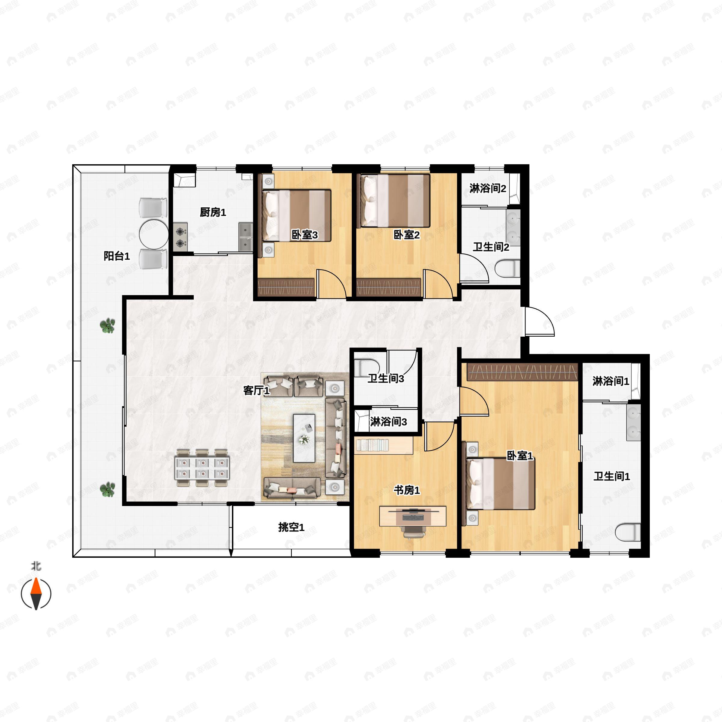 4室2厅3卫建面186平南|北户型图