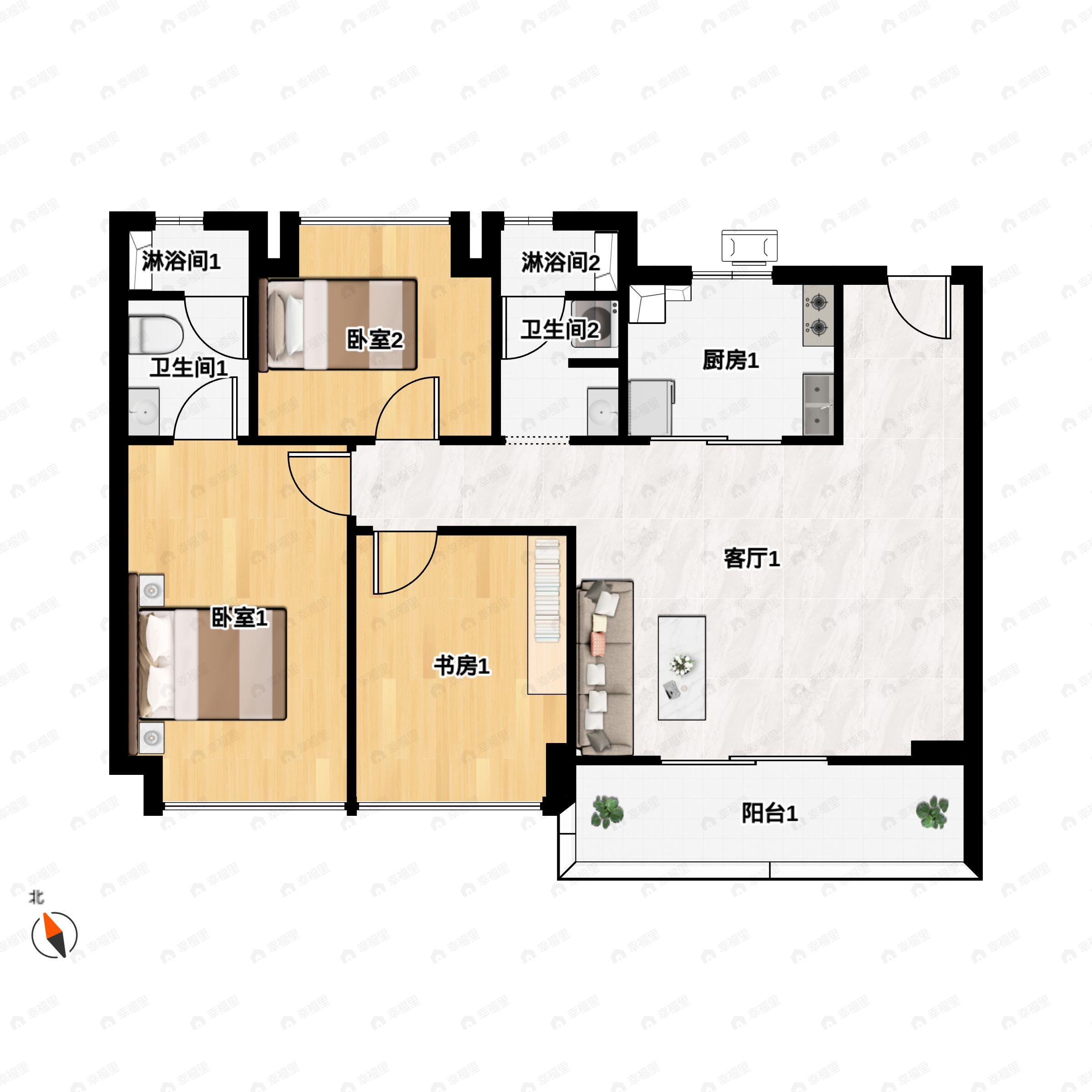 3室2厅2卫建面109m²南|北户型图