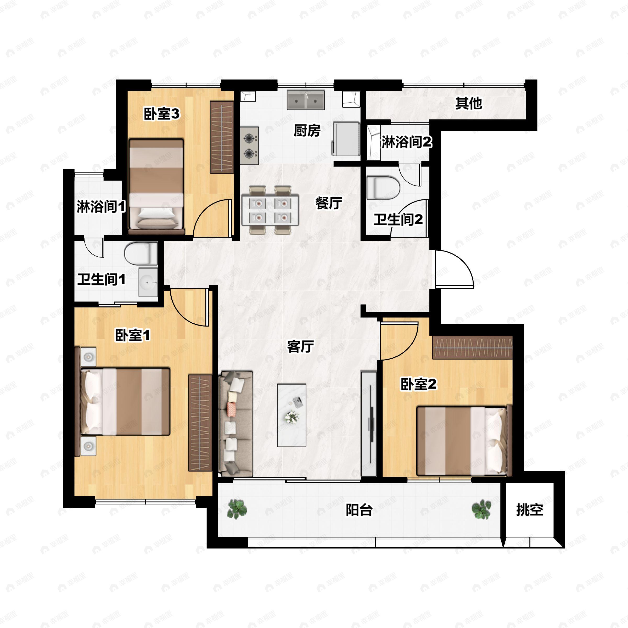 3室2厅2卫建面99平户型图
