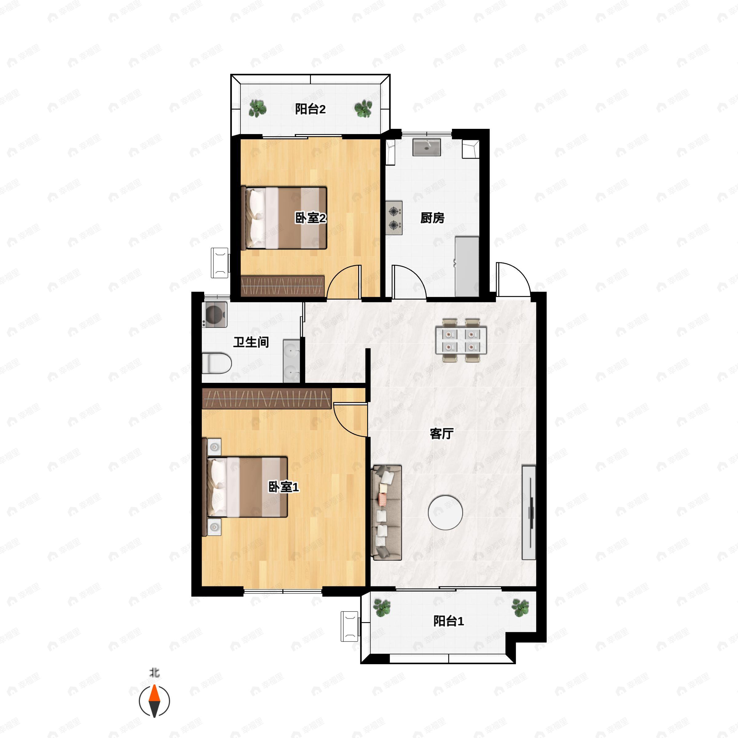 2室2厅1卫建面88m²南户型图