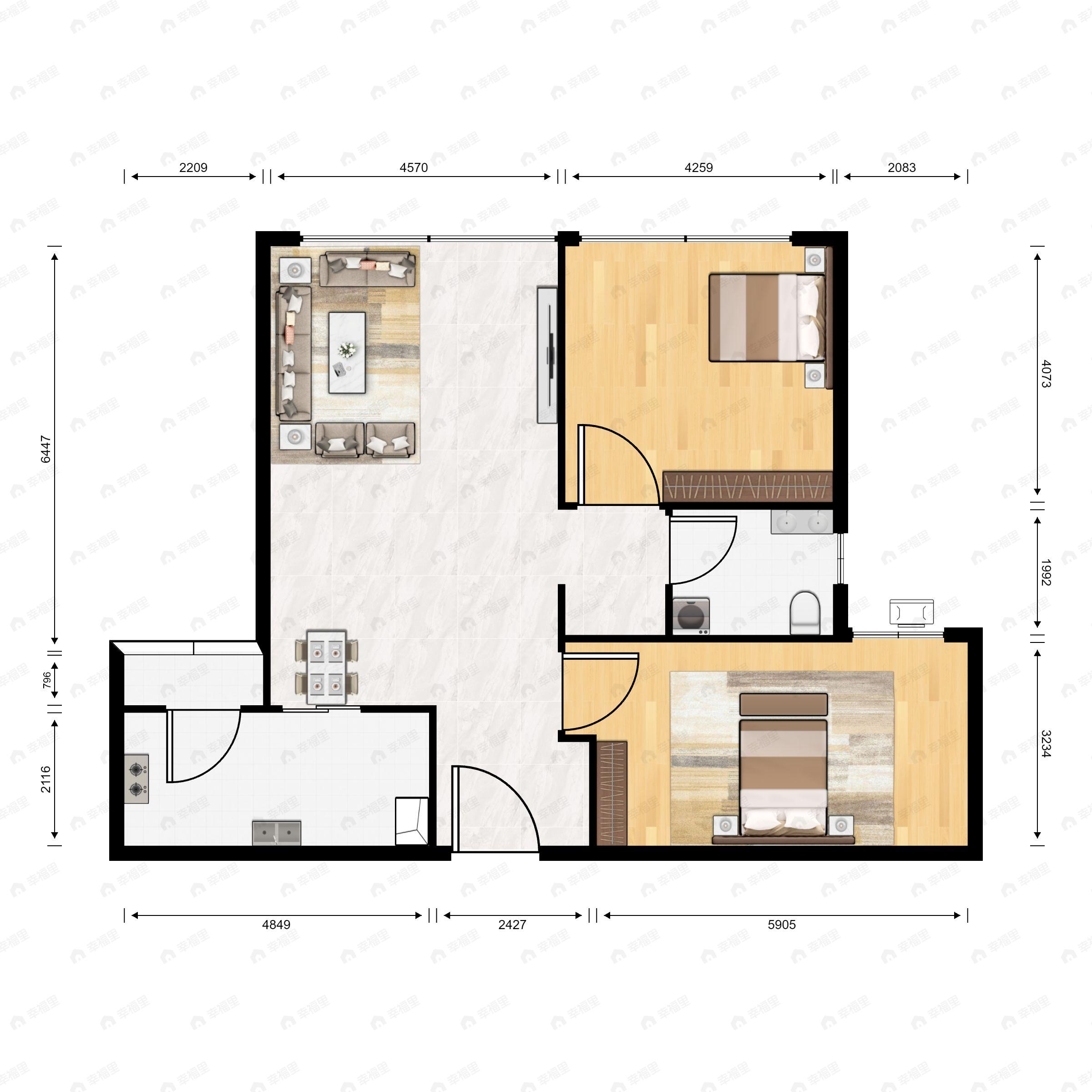 2室2厅1卫建面80平户型图