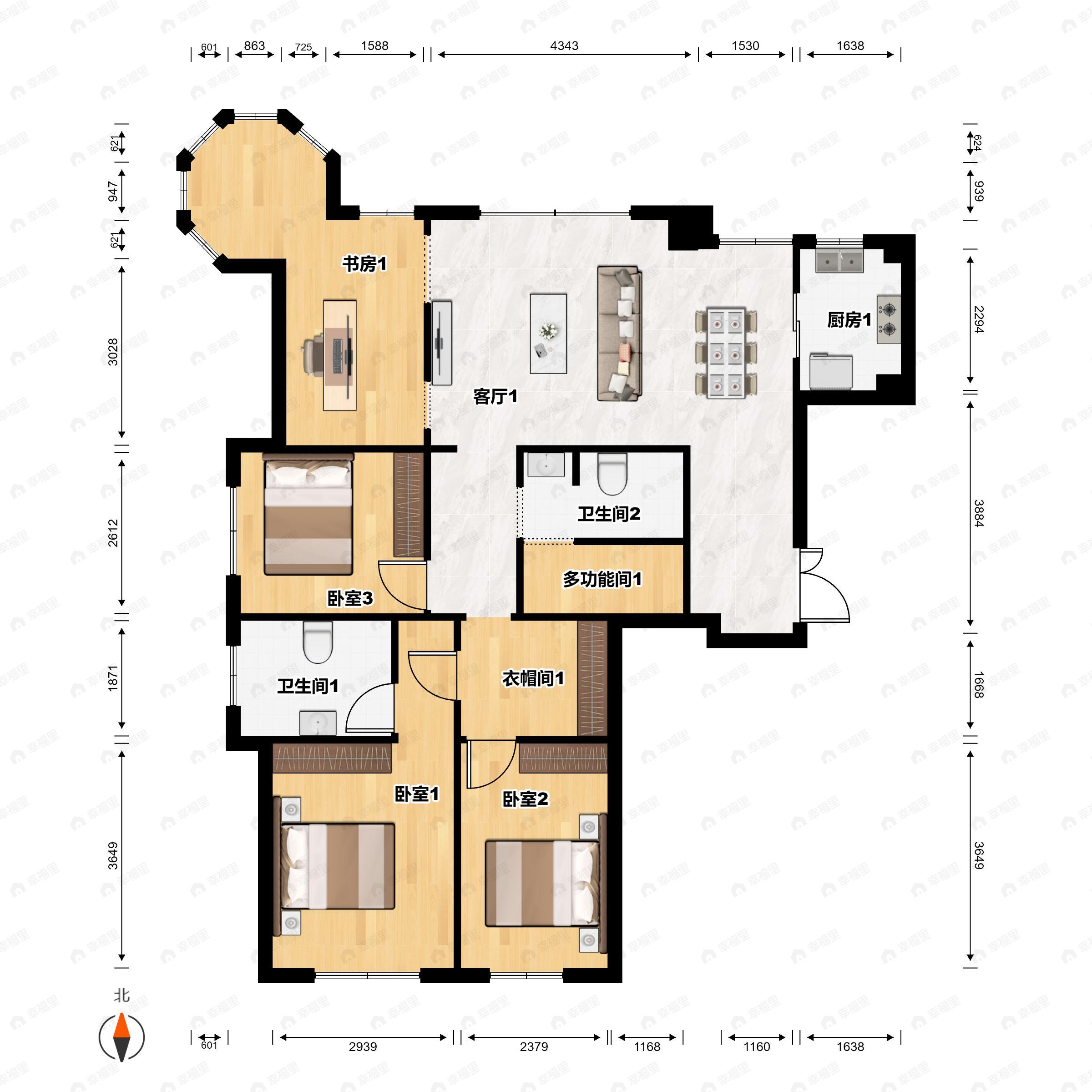 4室2厅2卫建面190平南户型图