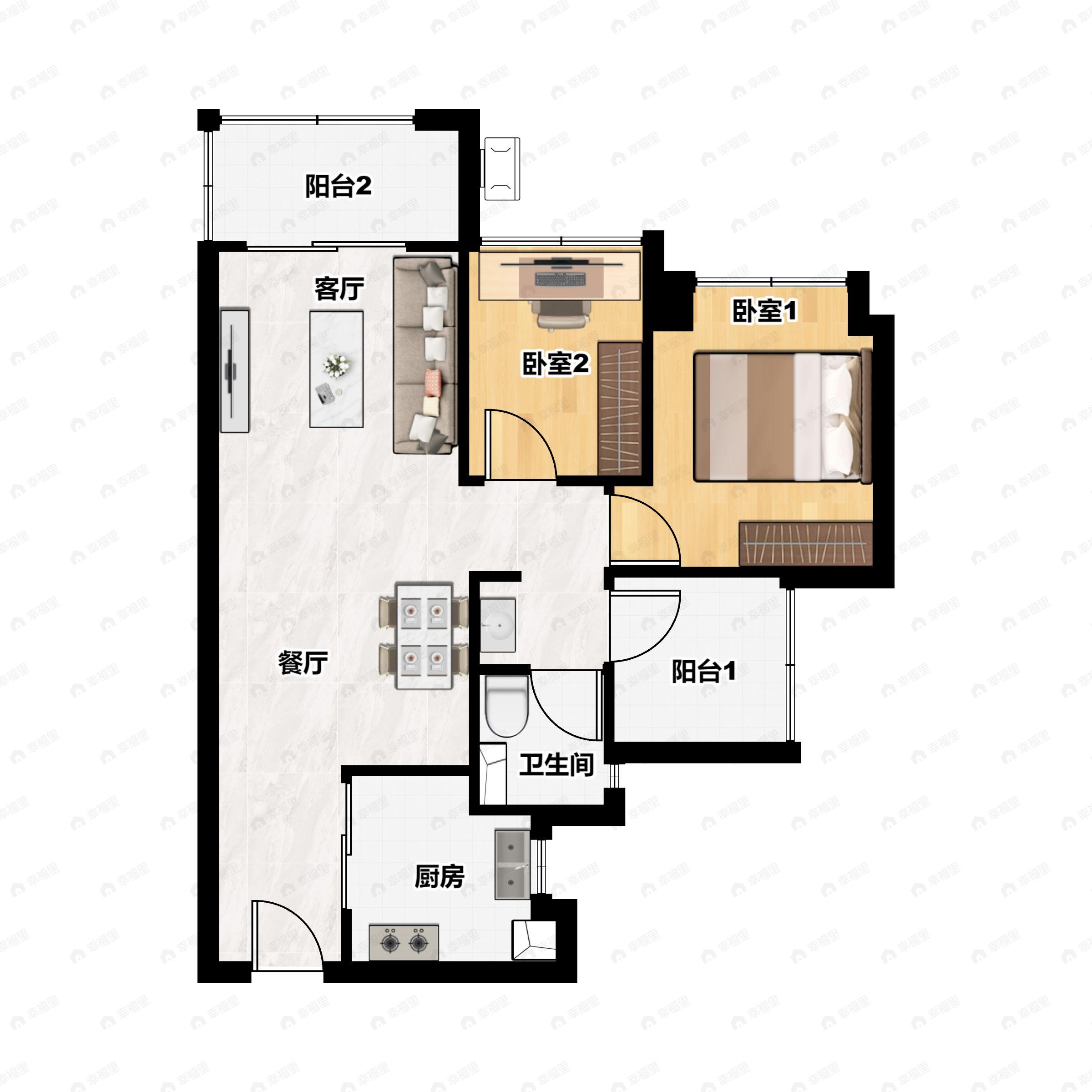 2室2厅1卫建面75m²北户型图